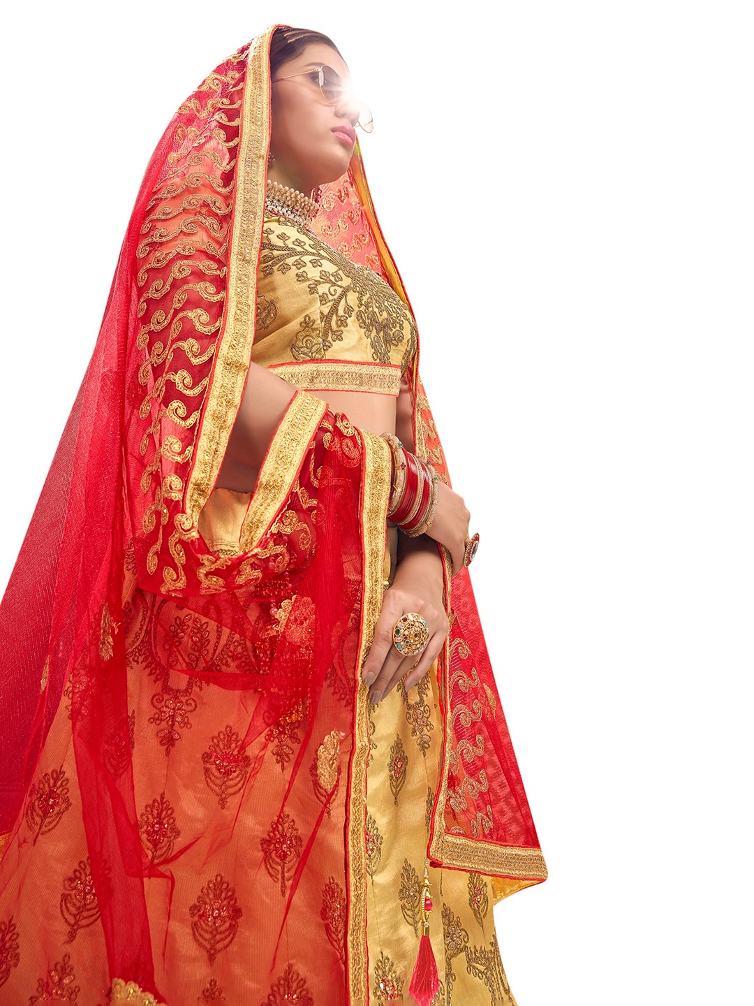 

MANVAA Beige & Red Embroidered Thread Work Semi-Stitched Lehenga & Unstitched Blouse With Dupatta