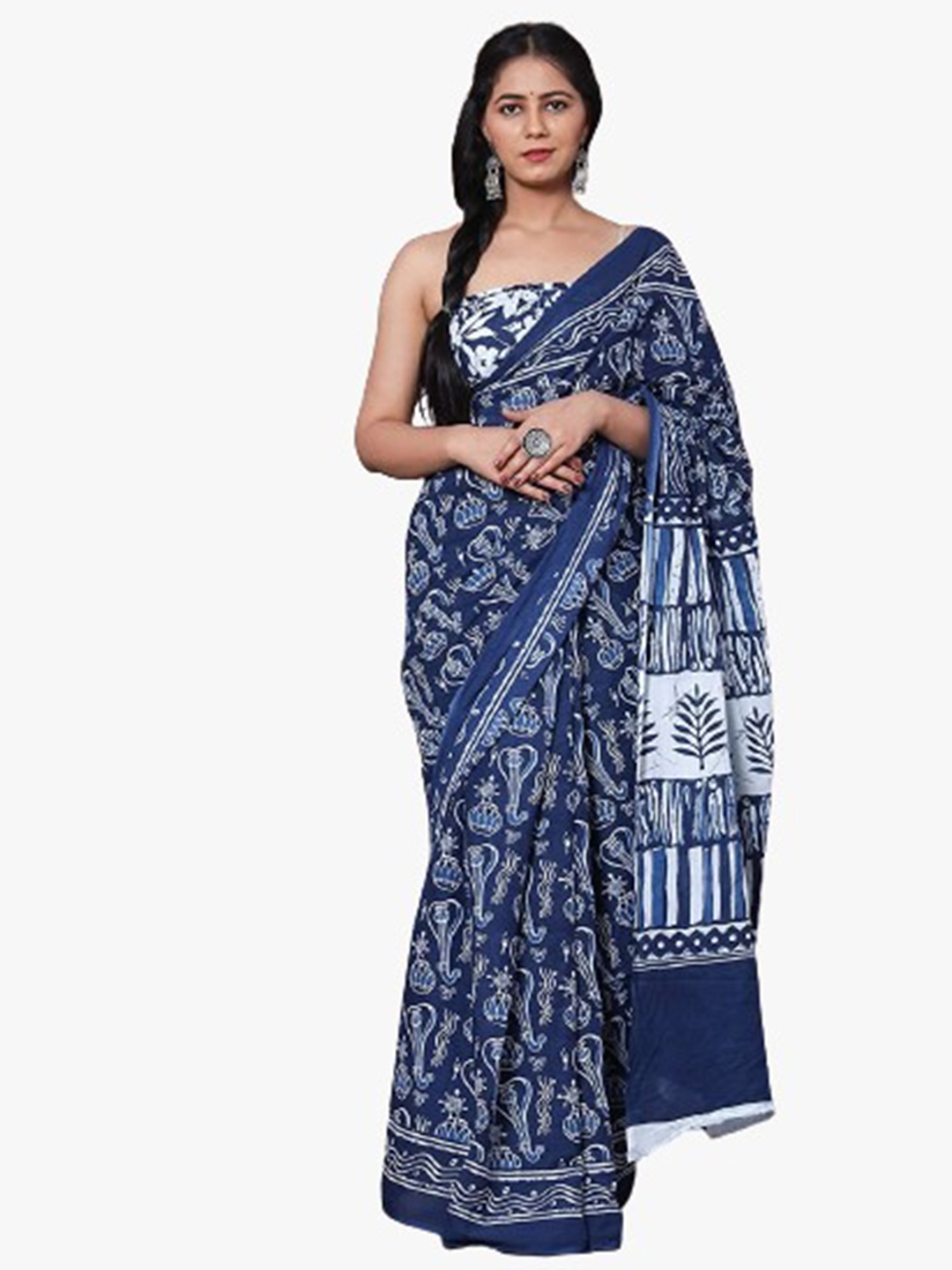 

KIAARON Ethnic Motifs Pure Cotton Block Print Saree, Blue