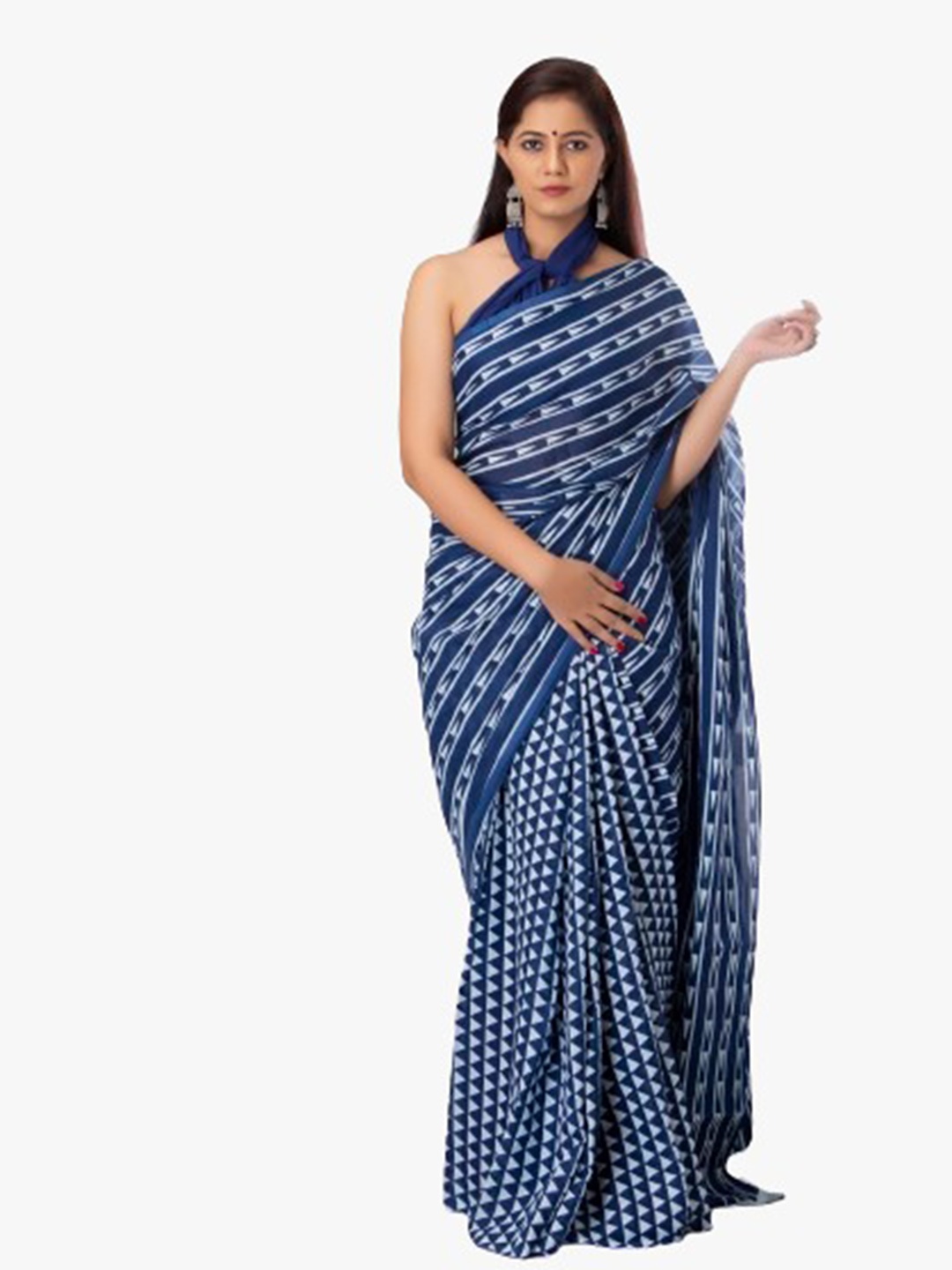 

TROPWEAR Block Print Pure Cotton Saree, Blue