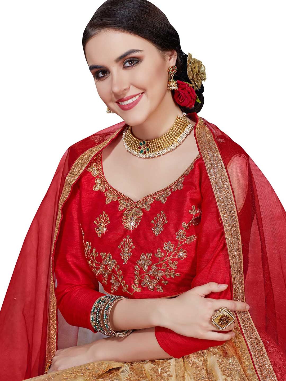

MANVAA Beige & Red Embroidered Beads and Stones Semi-Stitched Lehenga & Unstitched Blouse With Dupatta