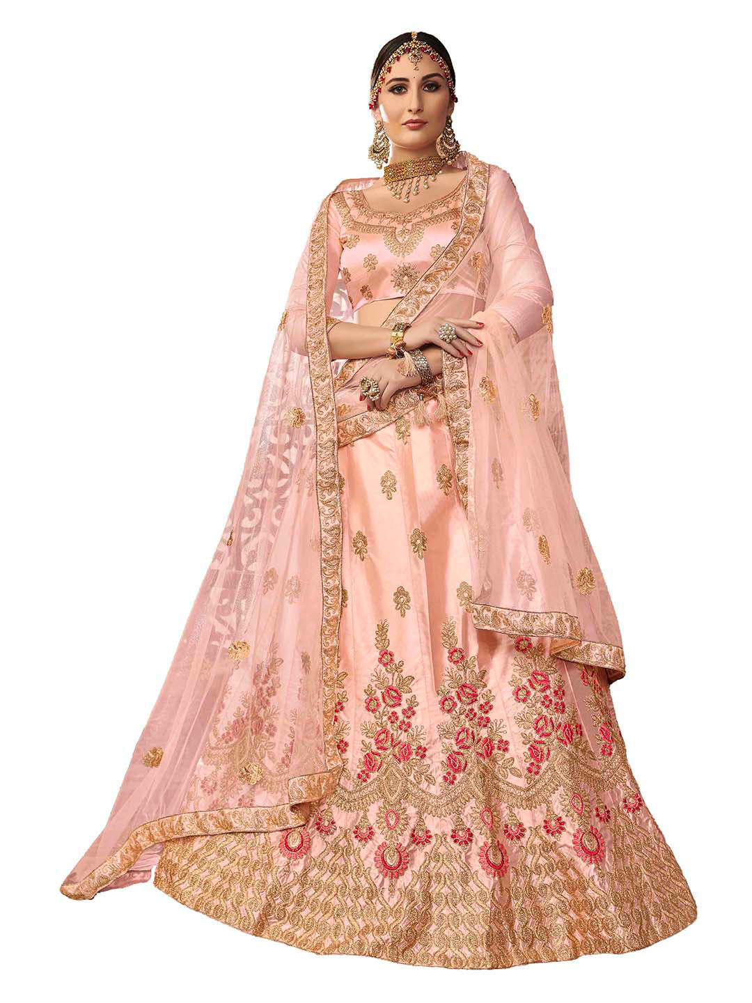 

MANVAA Peach-Coloured & Red Embroidered Thread Work Semi-Stitched Lehenga & Unstitched Blouse With Dupatta
