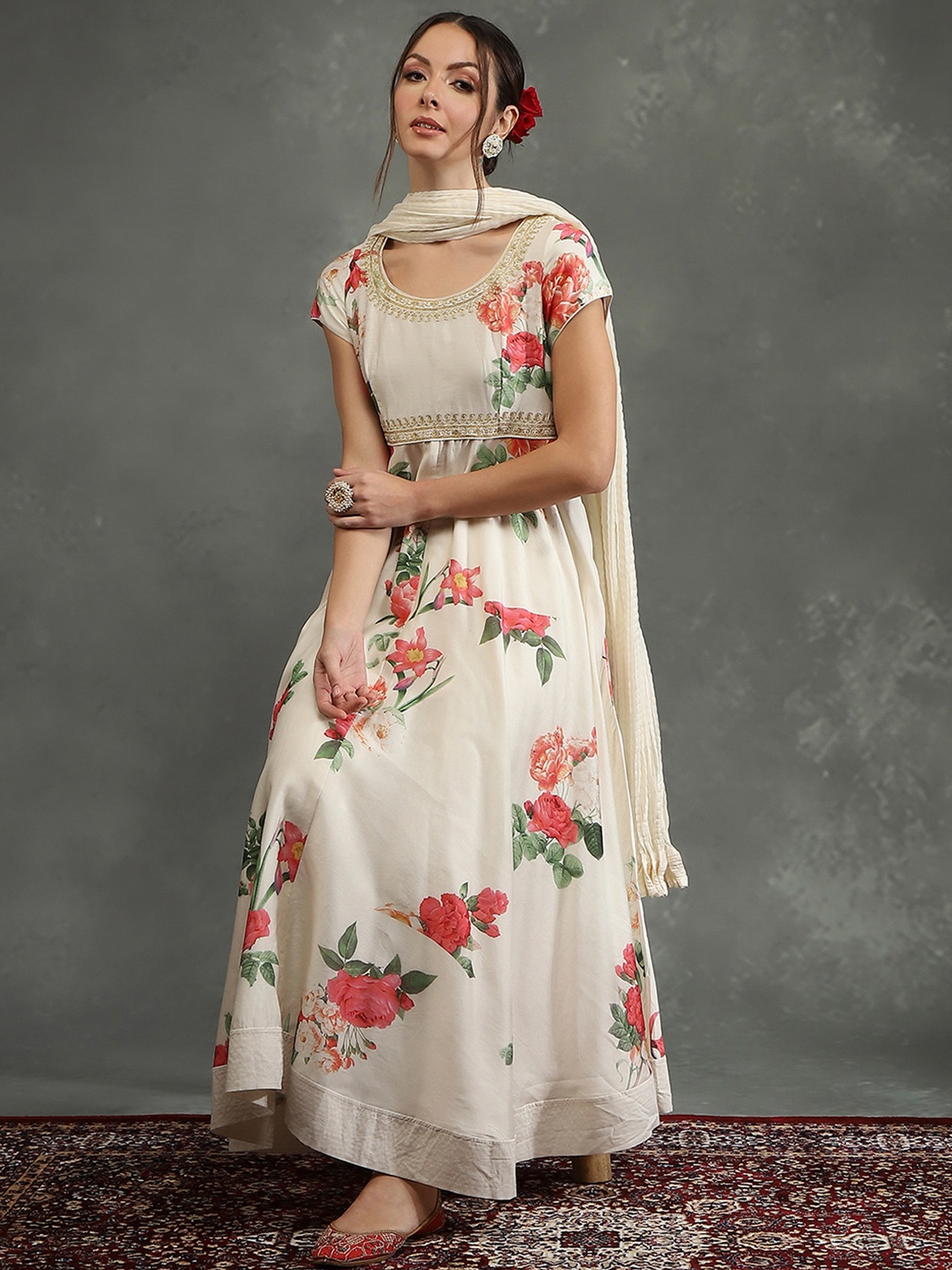 

Biba Floral Printed Kurta with Churidar & Dupatta, Cream