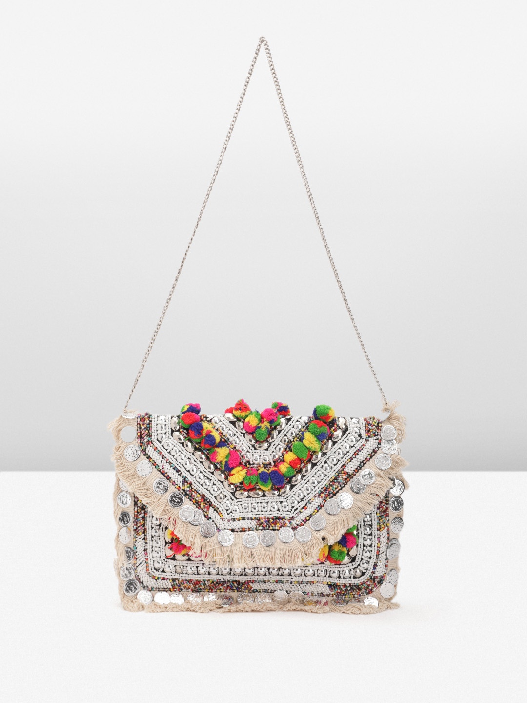 

Sangria Embellished Pure Jute Foldover Clutch, White