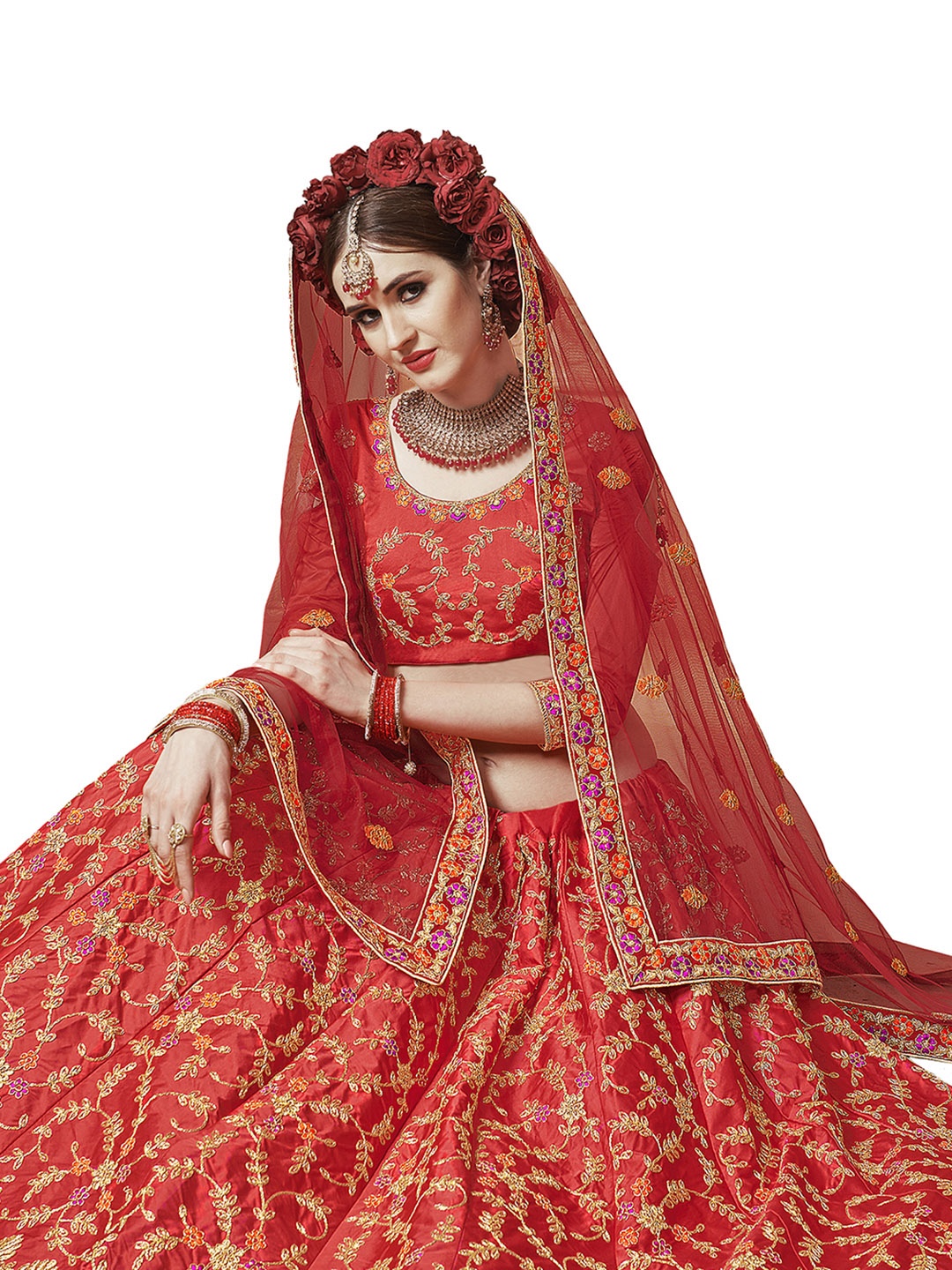 

MANVAA Red & Gold-Toned Embroidered Thread Work Semi-Stitched Lehenga & Unstitched Blouse With Dupatta