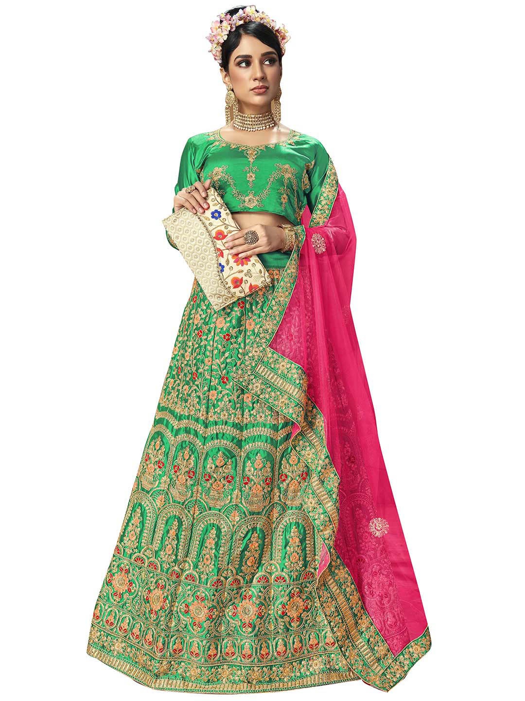 

MANVAA Green & Pink Embroidered Thread Work Semi-Stitched Lehenga & Unstitched Blouse With Dupatta