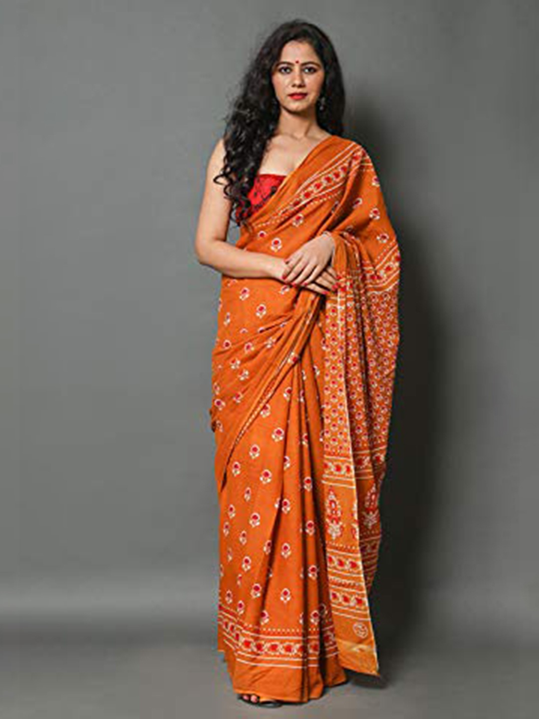 

TROPWEAR Ethnic Motifs Pure Cotton Block Print Saree, Mustard