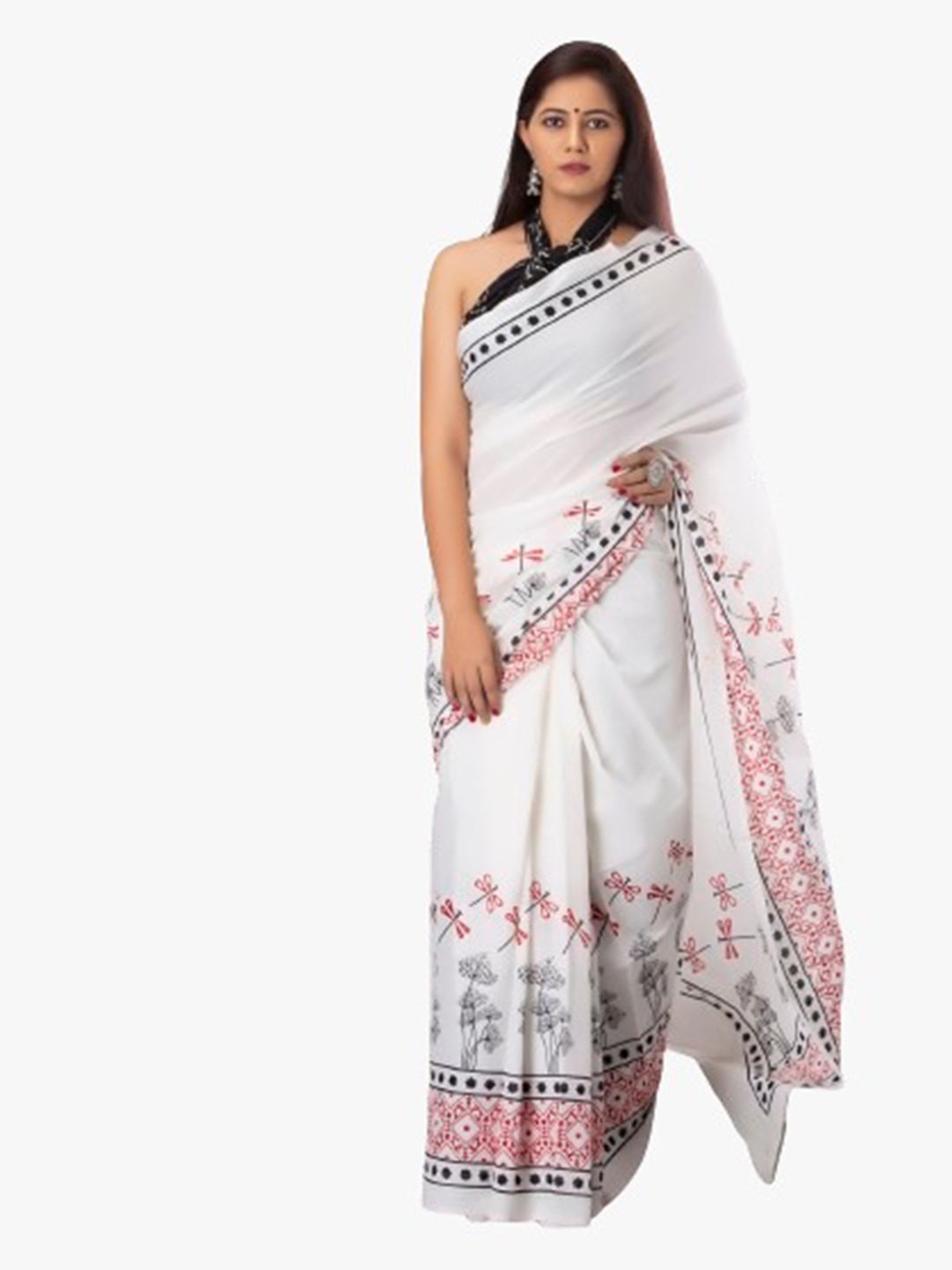 

TROPWEAR White & Red Floral Pure Cotton Block Print Saree