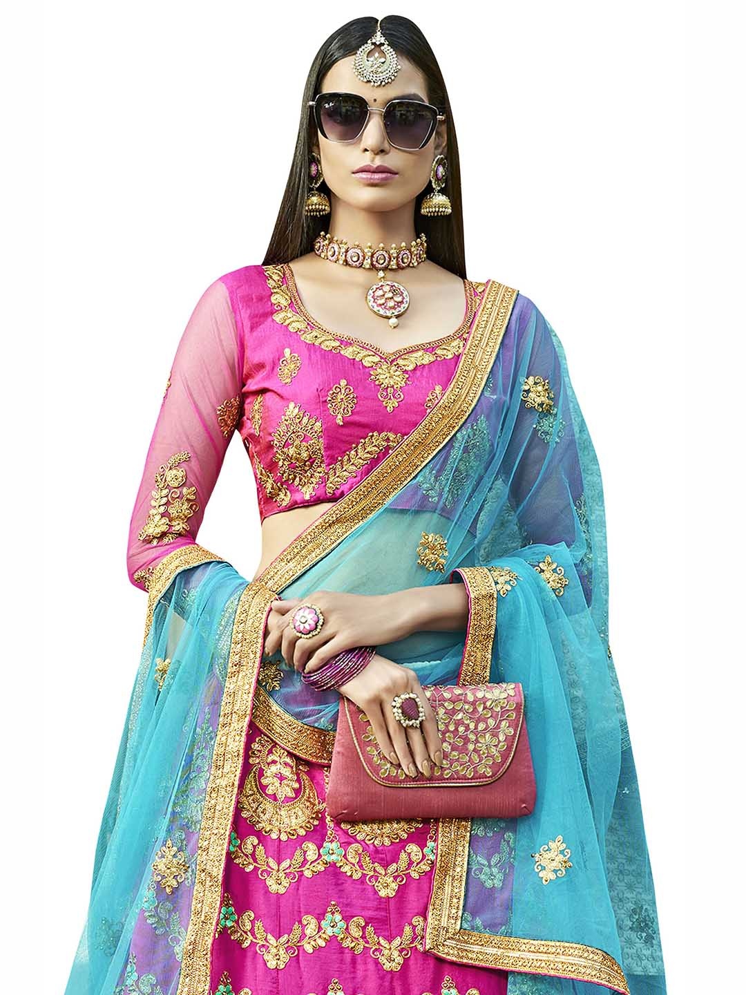 

MANVAA Pink & Blue Embroidered Thread Work Kalamkari Semi-Stitched Lehenga & Unstitched Blouse With Dupatta