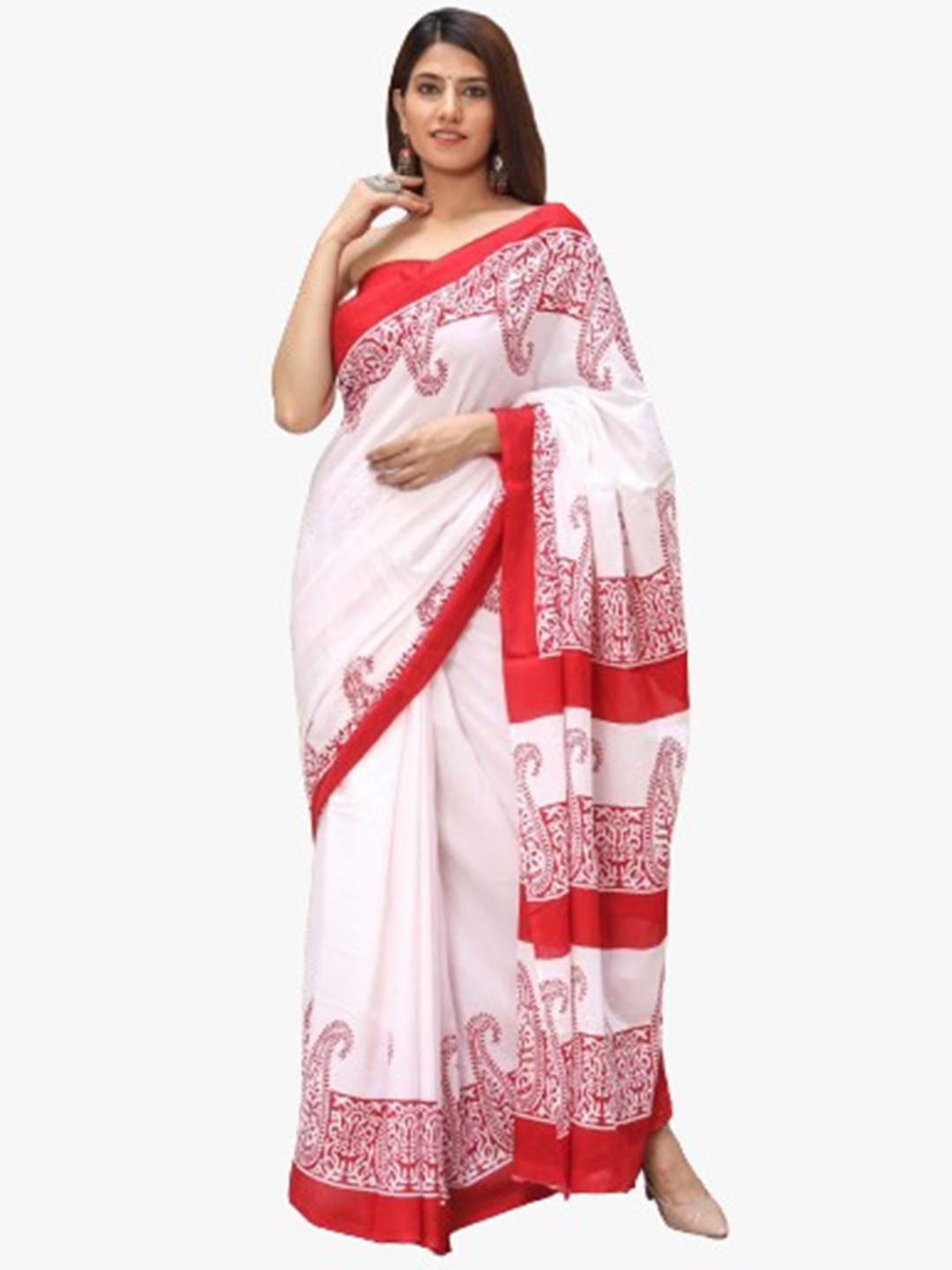 

JALTHER Paisley Pure Cotton Block Print Saree, White