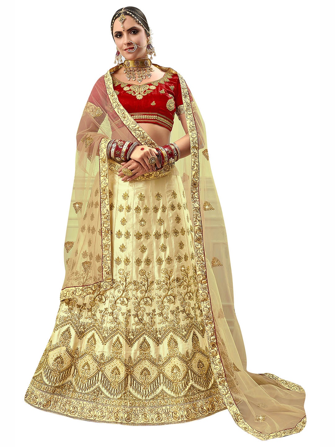 

MANVAA Beige & Red Embroidered Thread Work Semi-Stitched Lehenga & Unstitched Blouse With Dupatta