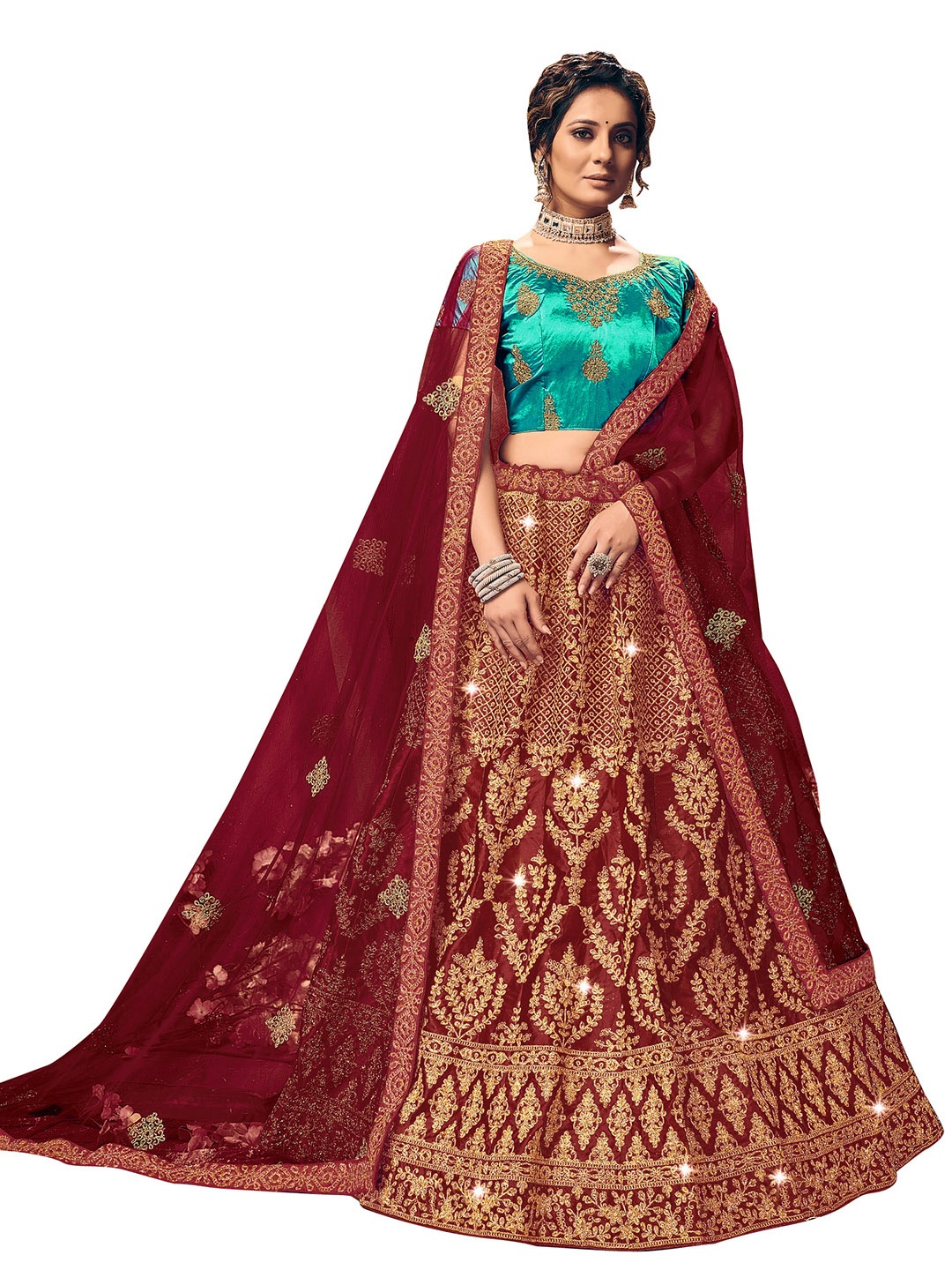 

MANVAA Maroon & Gold-Toned Embroidered Thread Work Semi-Stitched Lehenga & Unstitched Blouse With Dupatta