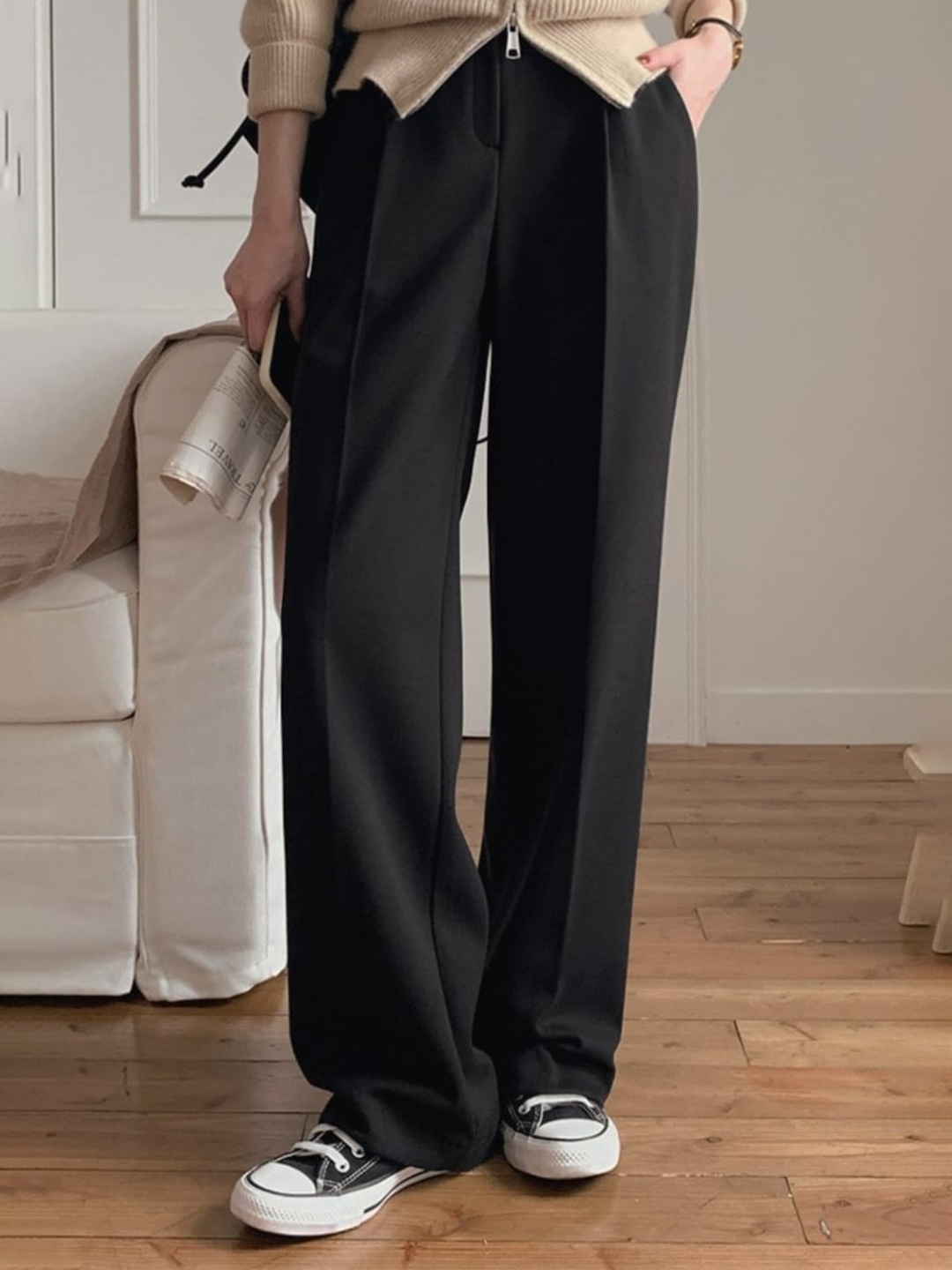

Next One Women Smart Straight Fit Flat-Front High-Rise Trousers, Black