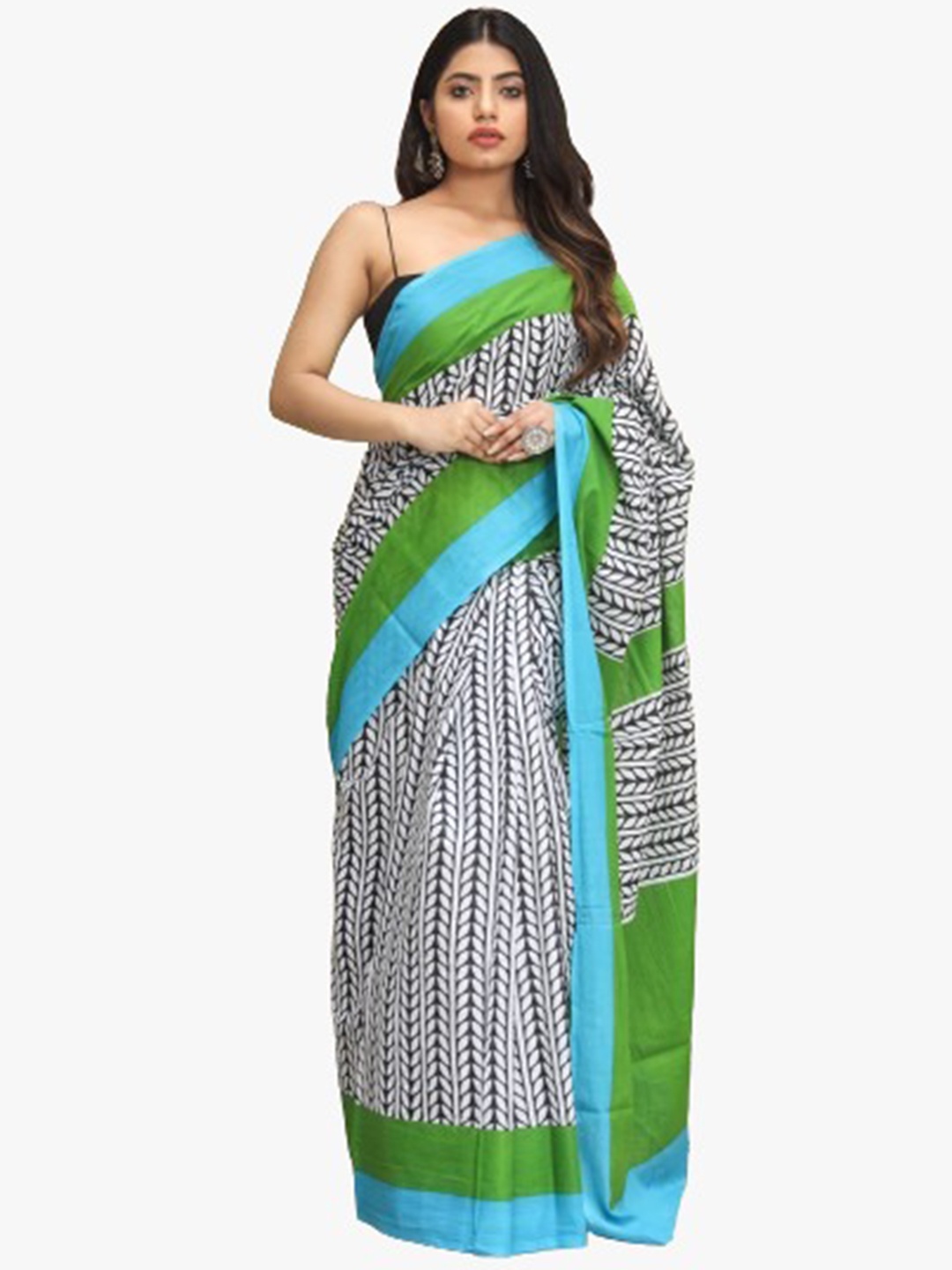 

JALTHER Ethnic Motifs Pure Cotton Block Print Saree, Green