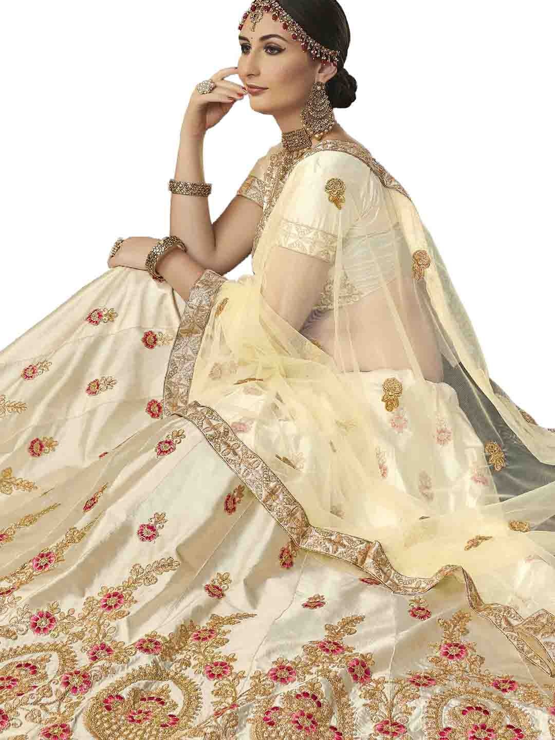 

MANVAA Beige & Red Embroidered Thread Work Semi-Stitched Lehenga & Unstitched Blouse With Dupatta