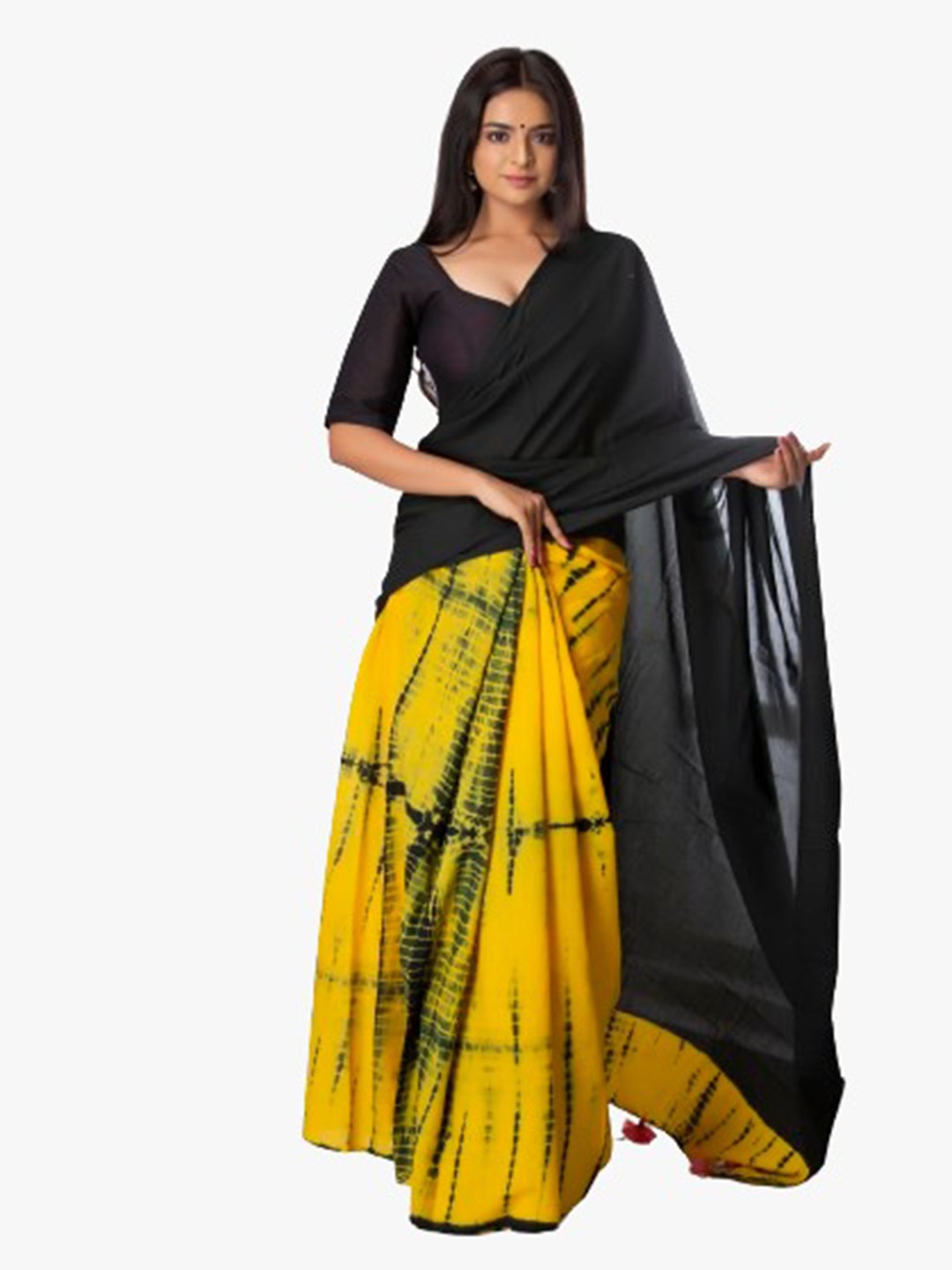 

TROPWEAR Black & Yellow Tie and Dye Pure Cotton Block Print Saree
