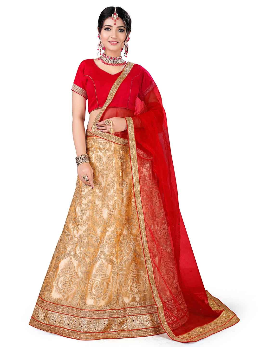 

MANVAA Beige & Red Beads and Stones Semi-Stitched Lehenga & Unstitched Blouse With Dupatta