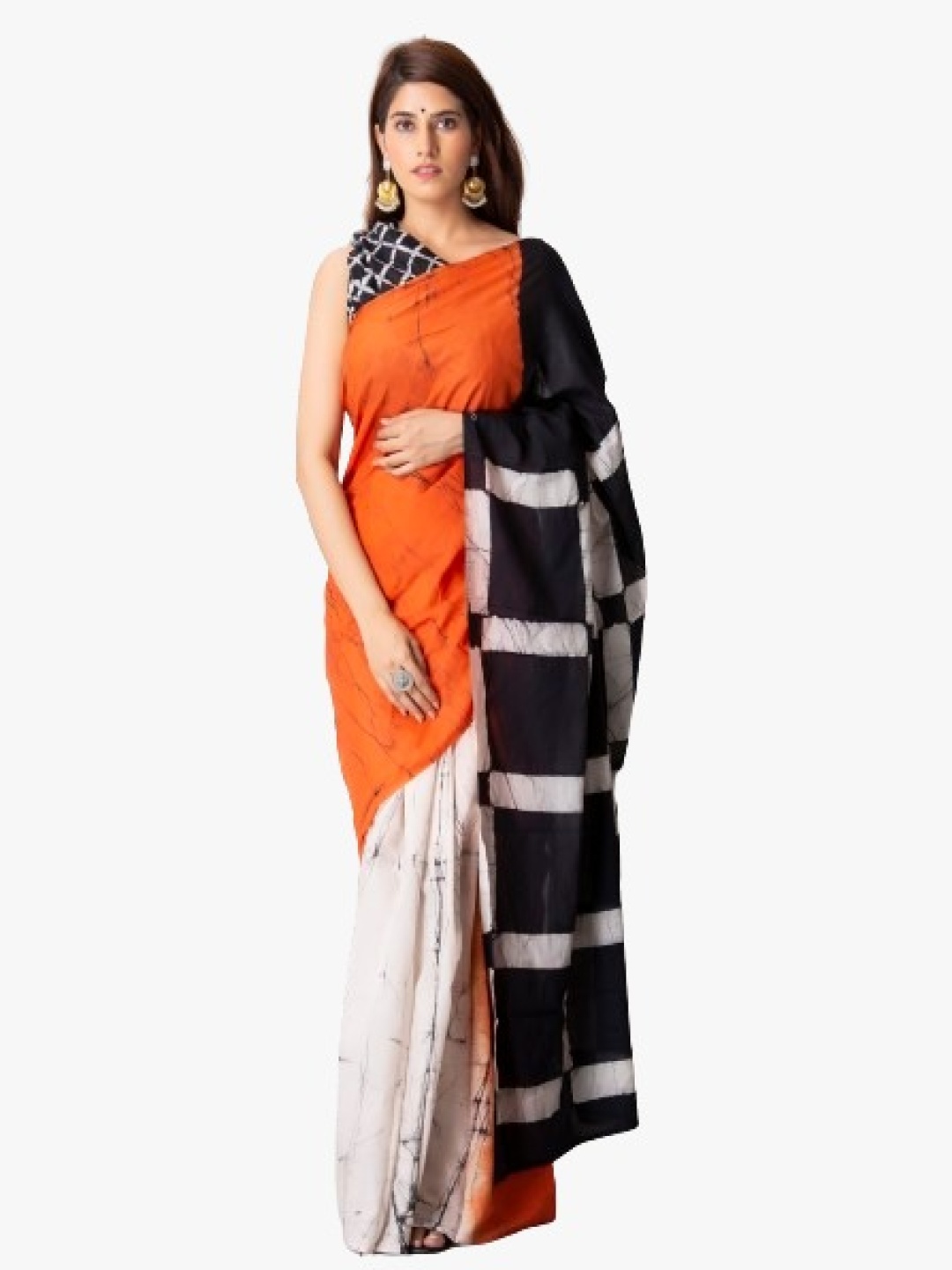 

clothonus Orange & White Ethnic Motifs Pure Cotton Block Print Saree