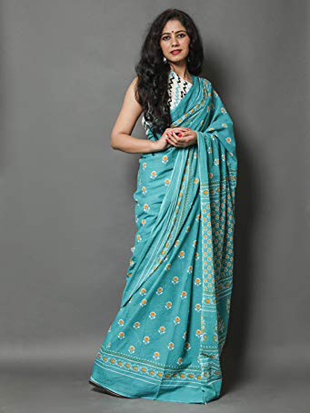 

clothonus Ethnic Motifs Pure Cotton Block Print Saree, Green