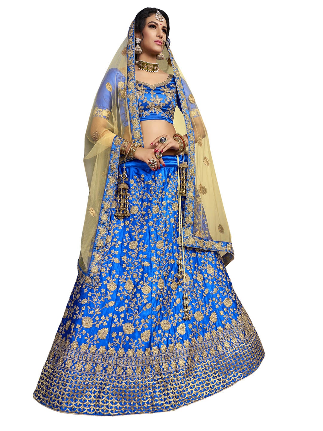 

MANVAA Blue & Gold-Toned Embroidered Thread Work Semi-Stitched Lehenga & Unstitched Blouse With Dupatta