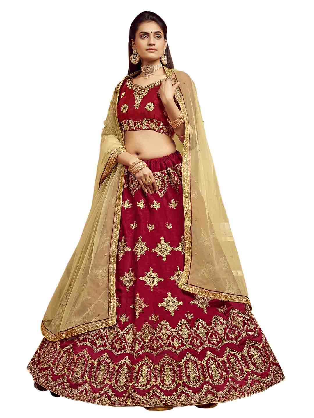 

MANVAA Maroon & Gold-Toned Embroidered Thread Work Semi-Stitched Lehenga & Unstitched Blouse With Dupatta