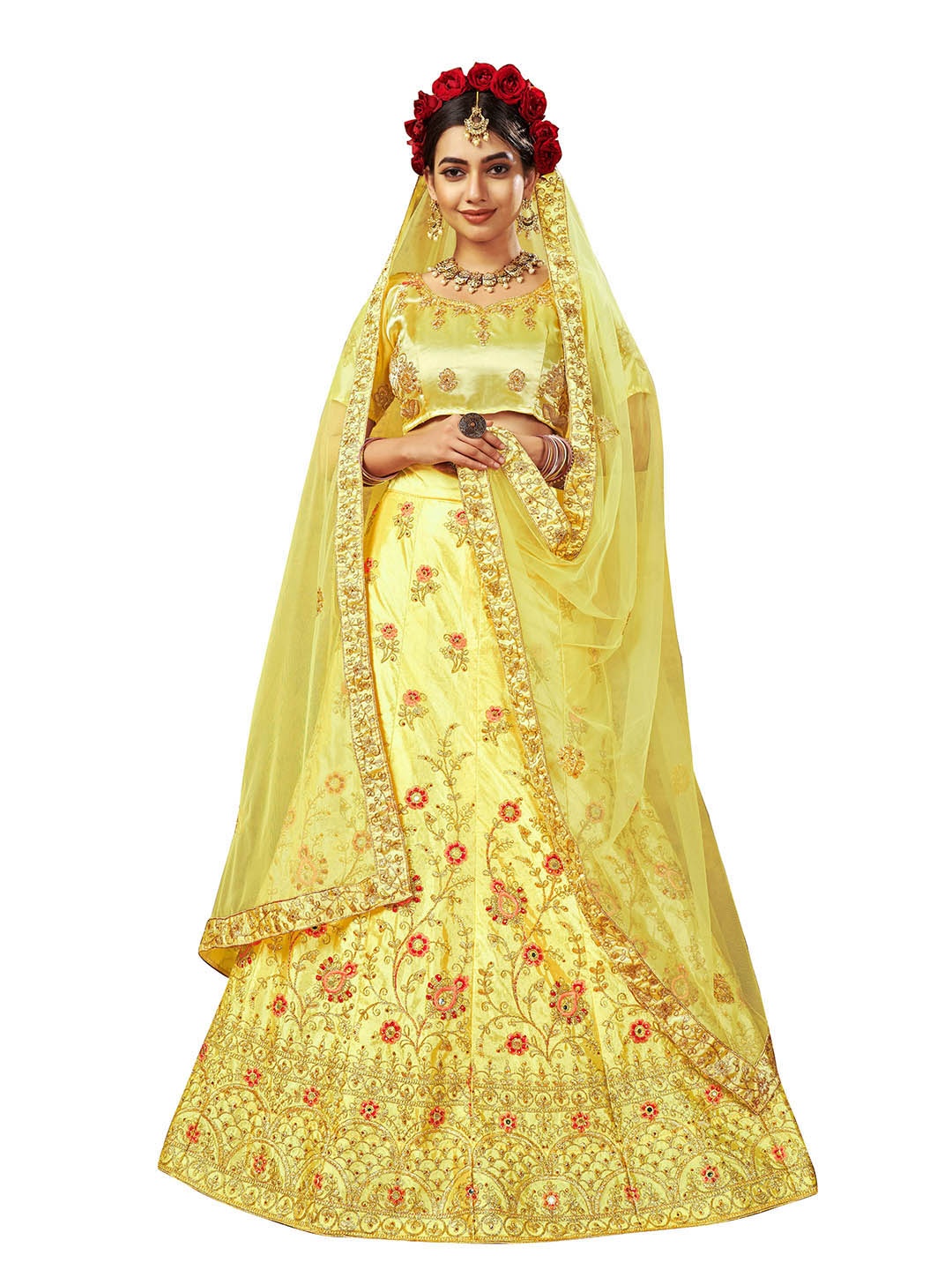 

MANVAA Yellow & Gold-Toned Embroidered Thread Work Semi-Stitched Lehenga & Unstitched Blouse With Dupatta