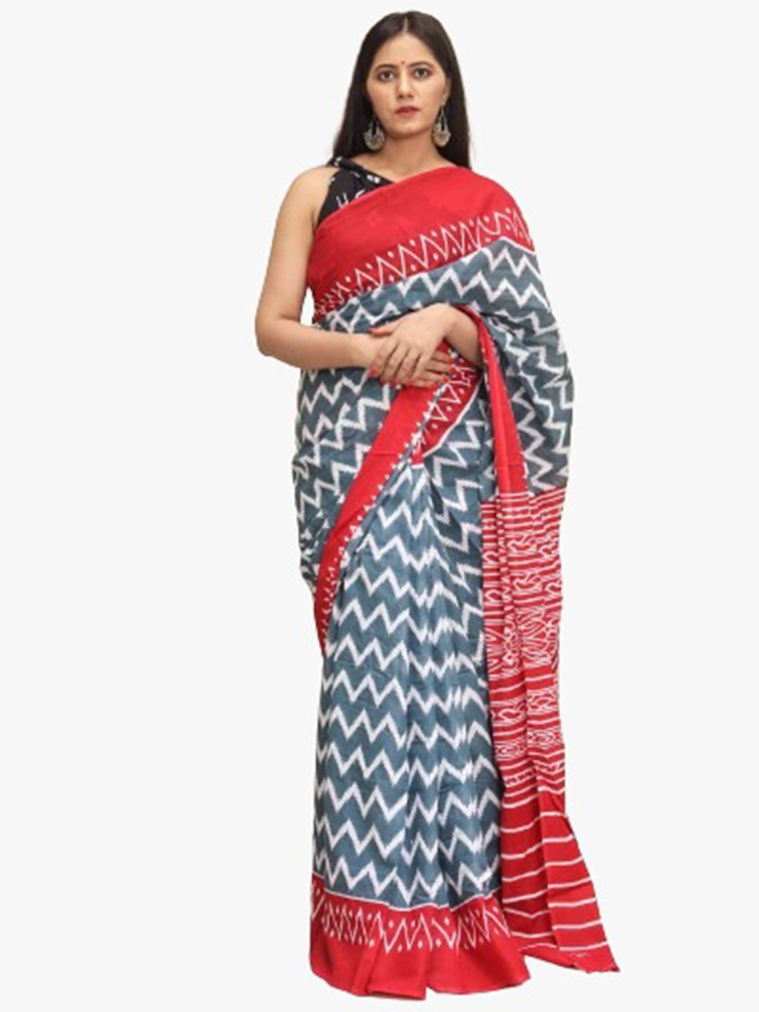 

JALTHER Ethnic Motifs Pure Cotton Block Print Saree, Grey