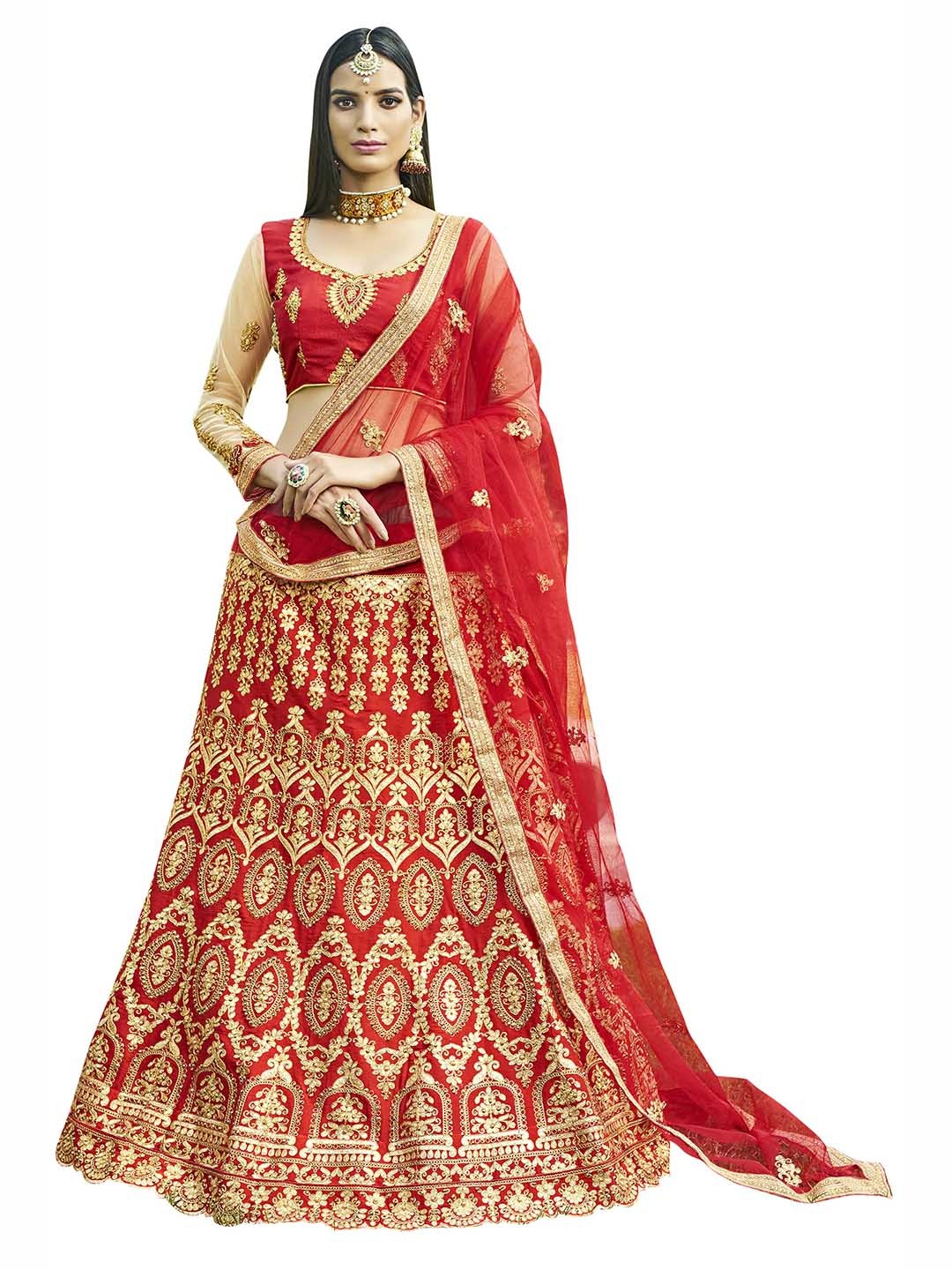 

MANVAA Red Embroidered Thread Work Semi-Stitched Lehenga & Unstitched Blouse With Dupatta