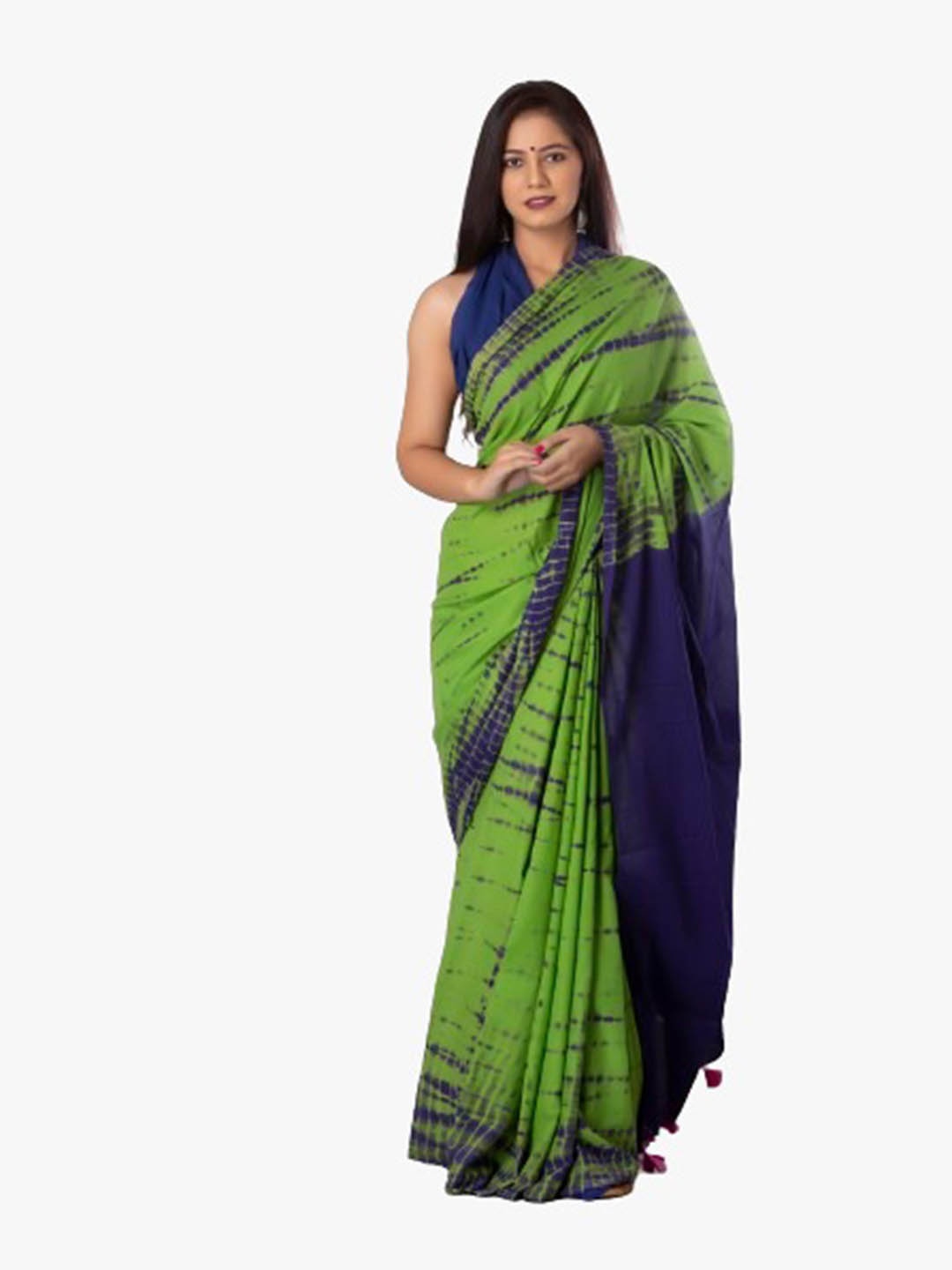 

clothonus Green & Blue Tie and Dye Pure Cotton Block Print Saree
