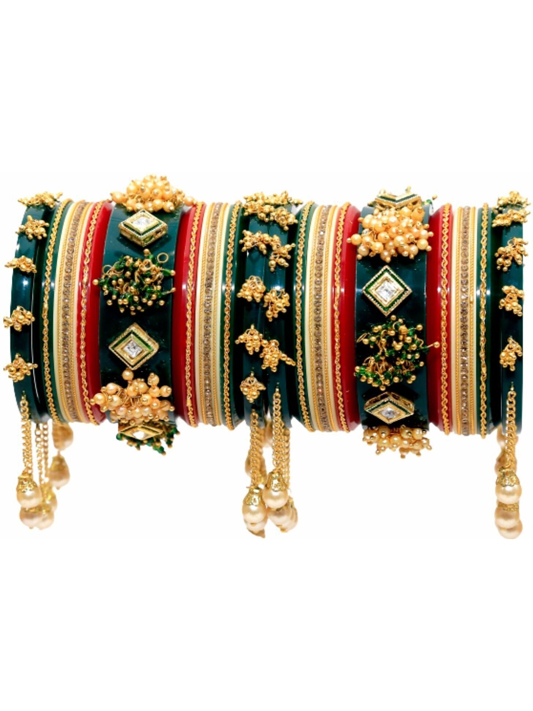 

Zindura Set Of 2 Gold-Plated Stone Studded & Pearls Beaded Chuda Bangles