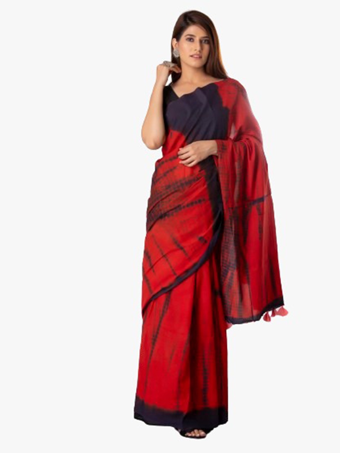

JALTHER Red & Navy Blue Tie and Dye Pure Cotton Block Print Saree