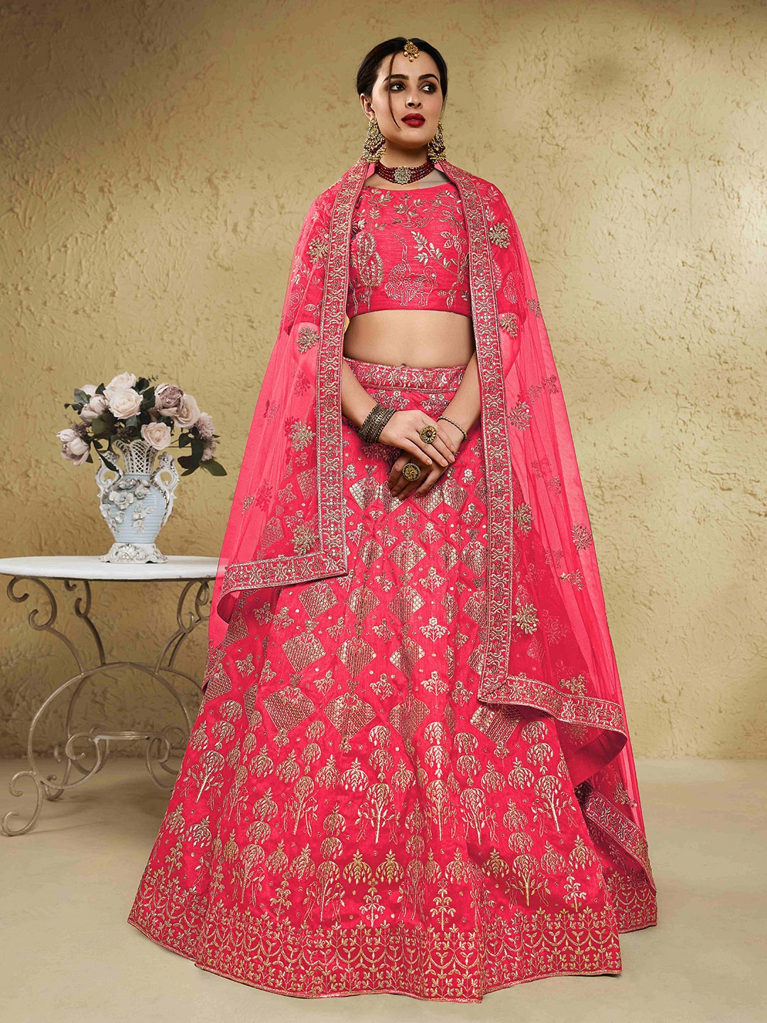 

FABPIXEL Peach-Coloured Embroidered Sequinned Semi-Stitched Lehenga & Unstitched Blouse With Dupatta