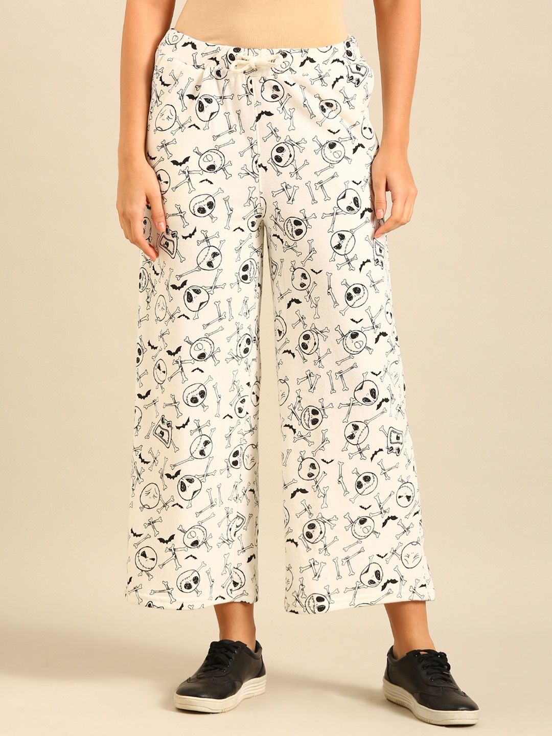 

De Moza Women Printed Mid-Rise Parallel Trousers, Cream