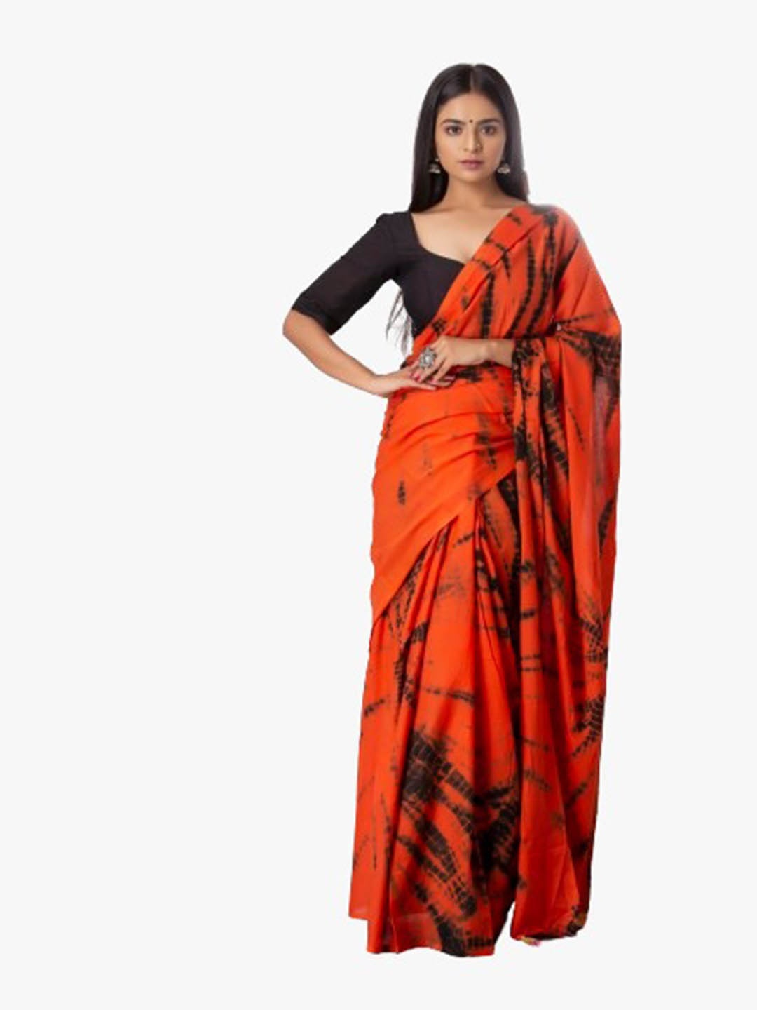 

TROPWEAR Tie and Dye Pure Cotton Block Print Saree, Orange