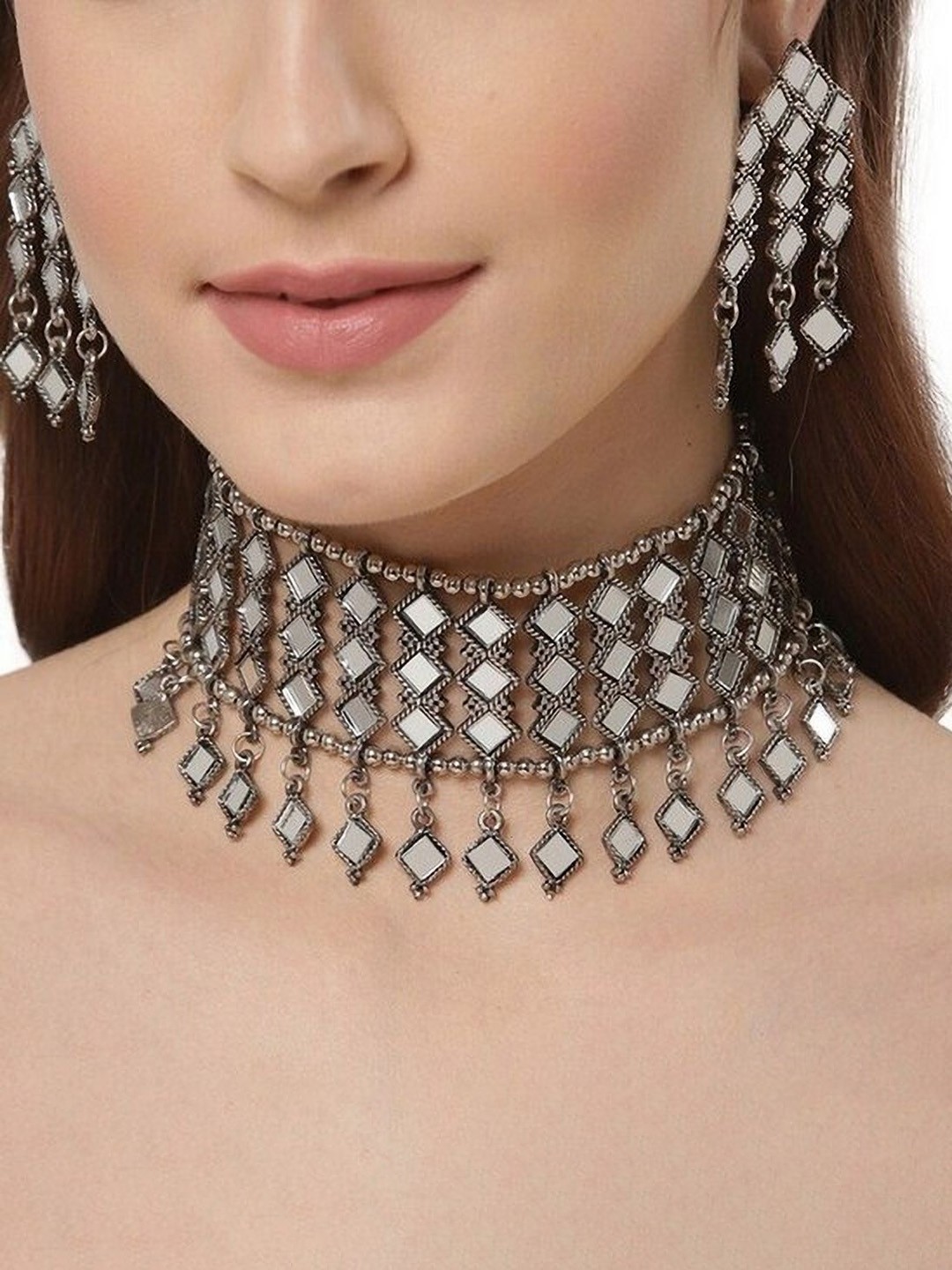 

Oxidized Heaven Sterling Silver-Plated Stone Studded Necklace and Earrings