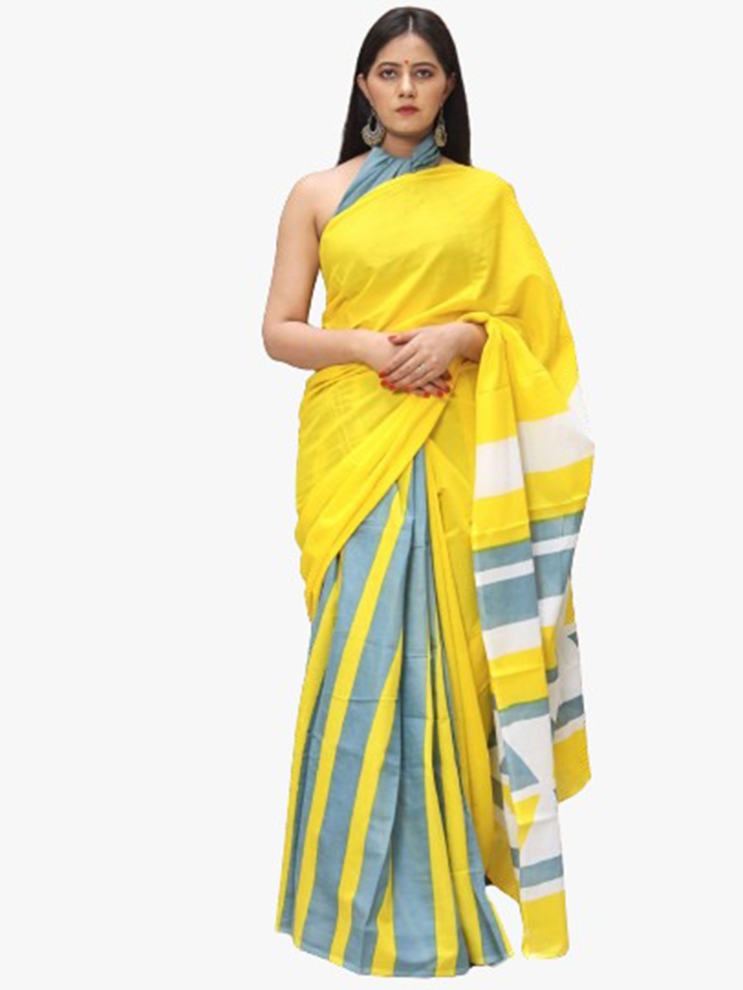 

JALTHER Pure Cotton Block Print Saree, Yellow