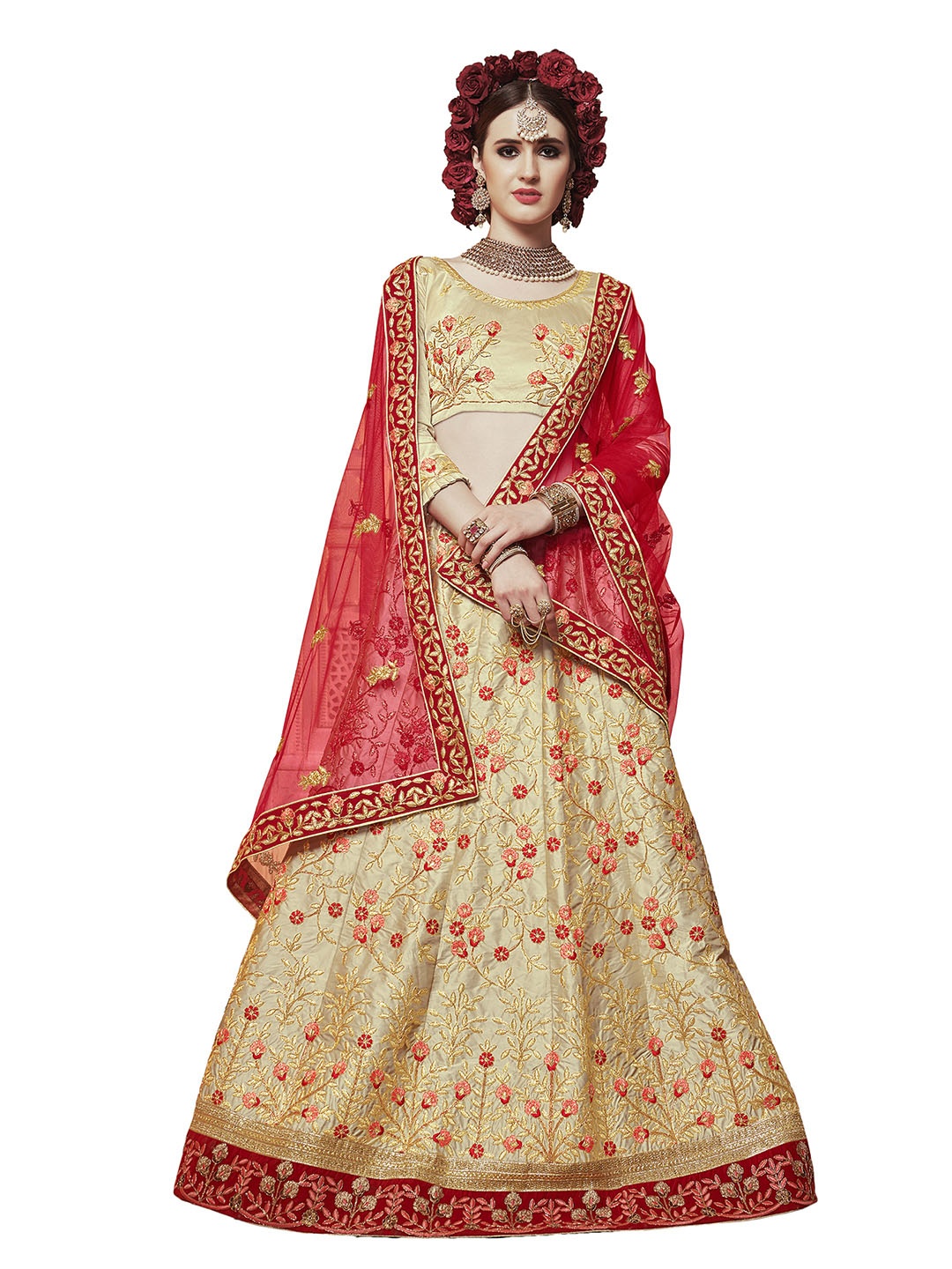 

MANVAA Beige & Red Embroidered Thread Work Semi-Stitched Lehenga & Unstitched Blouse With Dupatta