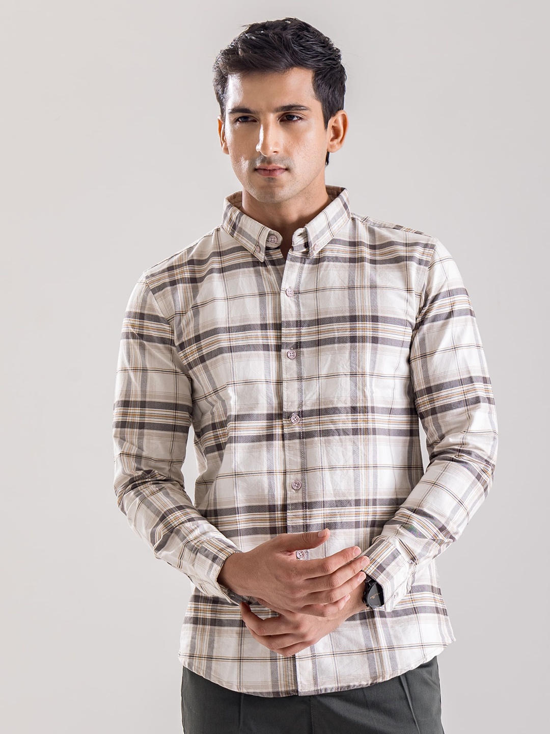 

Code 61 Men Standard Slim Fit Shepherd Checks Opaque Casual Shirt, Beige