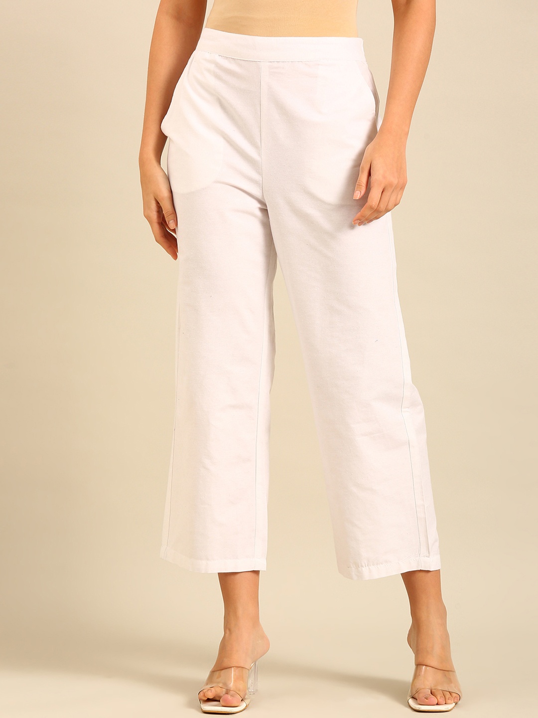 

De MozaWomen Wide Leg Mid-Rise Regular Fit Trousers, White