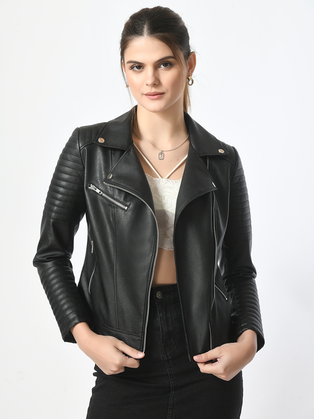 

TBOJ Women Black Leather Lightweight Biker Jacket