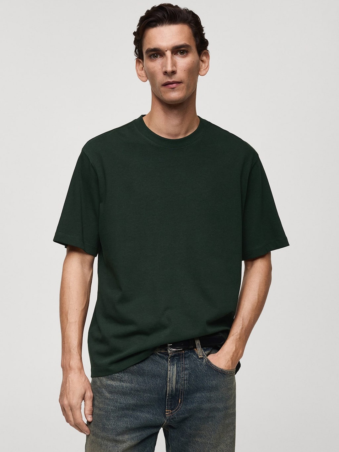 

MANGO MAN Men Relaxed Fit Pure Cotton T-shirt, Green