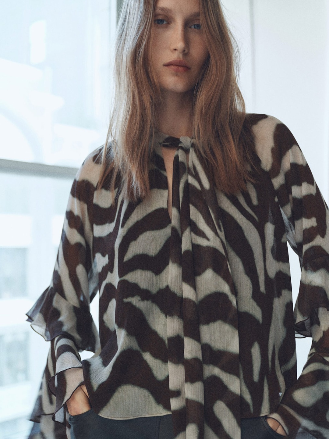 

MANGO Printed Tie-Up Neck Layered Bell Sleeves Sheer Top, Beige