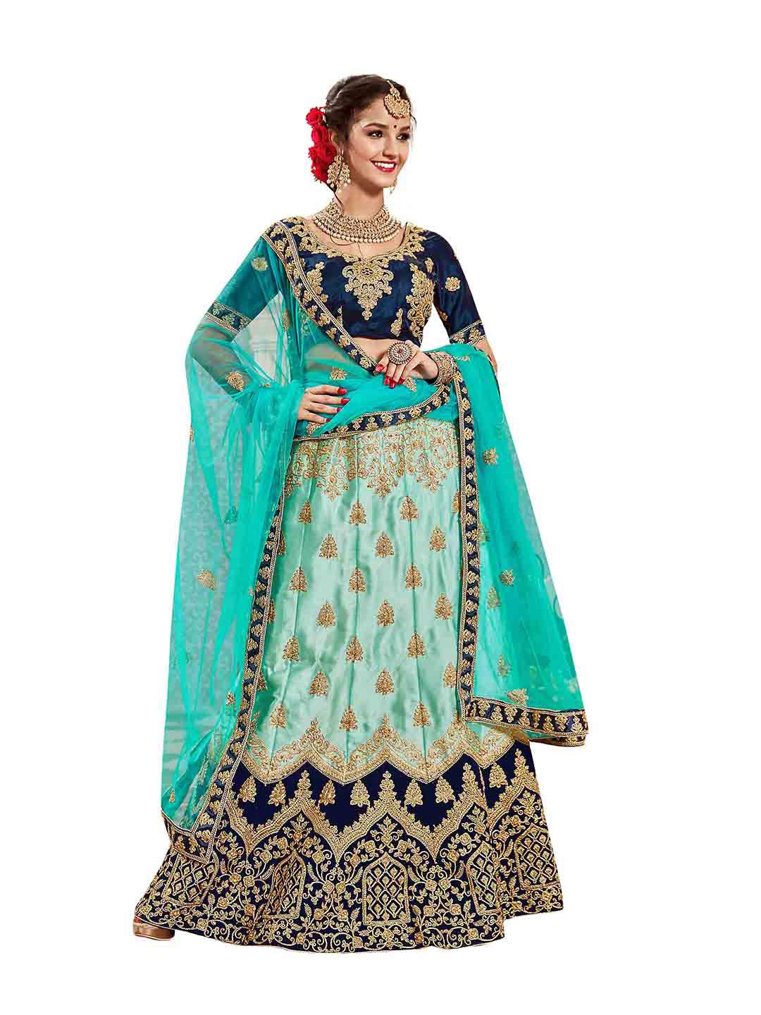 

MANVAA Blue Embroidered Thread Work Semi-Stitched Lehenga & Unstitched Blouse With Dupatta