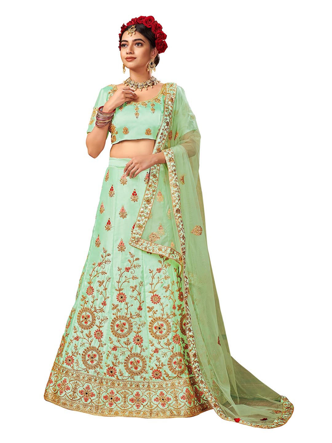 

MANVAA Lime Green & Gold-Toned Embroidered Thread Work Semi-Stitched Lehenga & Unstitched Blouse With Dupatta