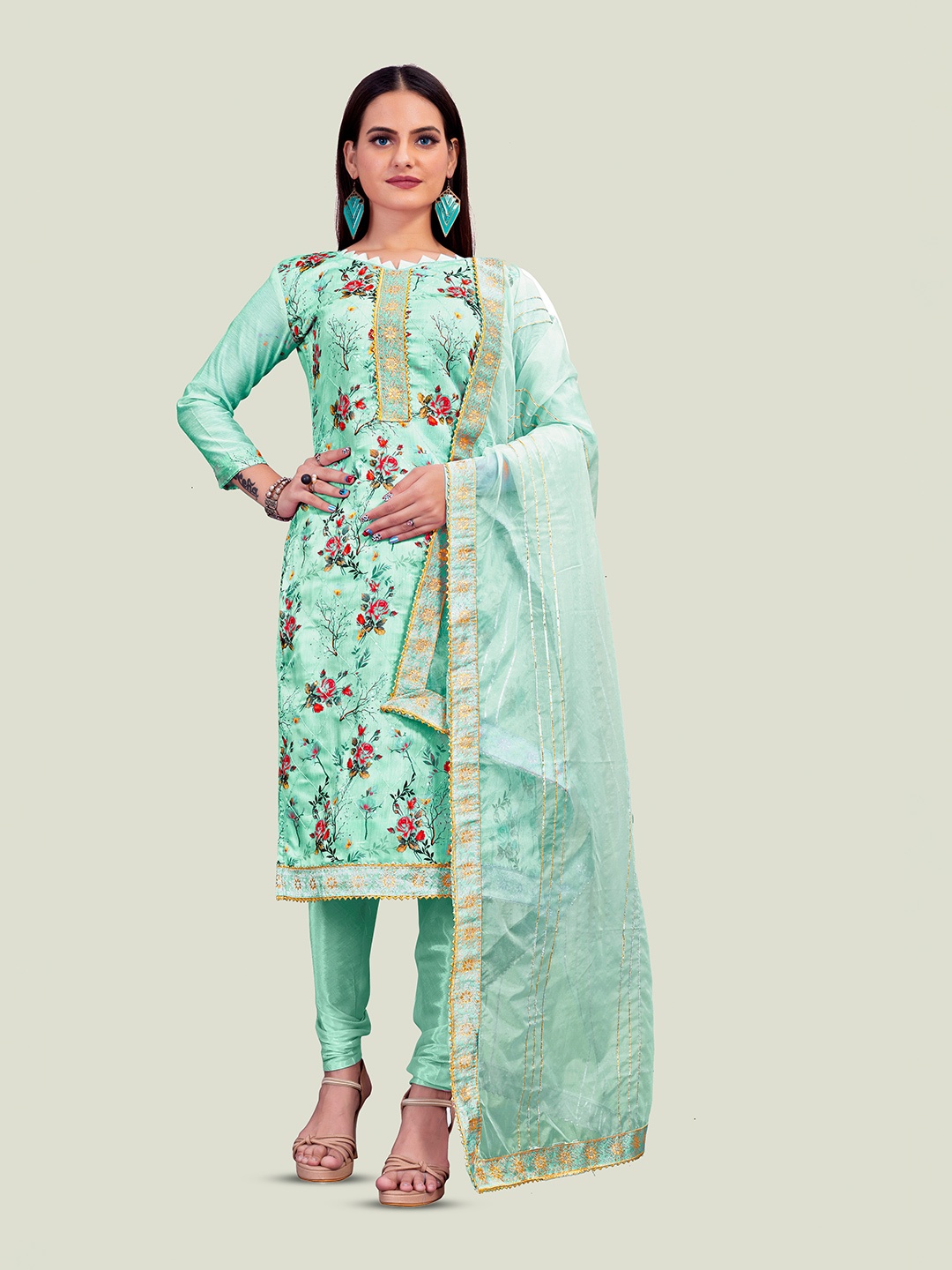 

Maroosh Floral Printed Embllished Gotta Patti Chanderi Unstitched Dress Material, Sea green