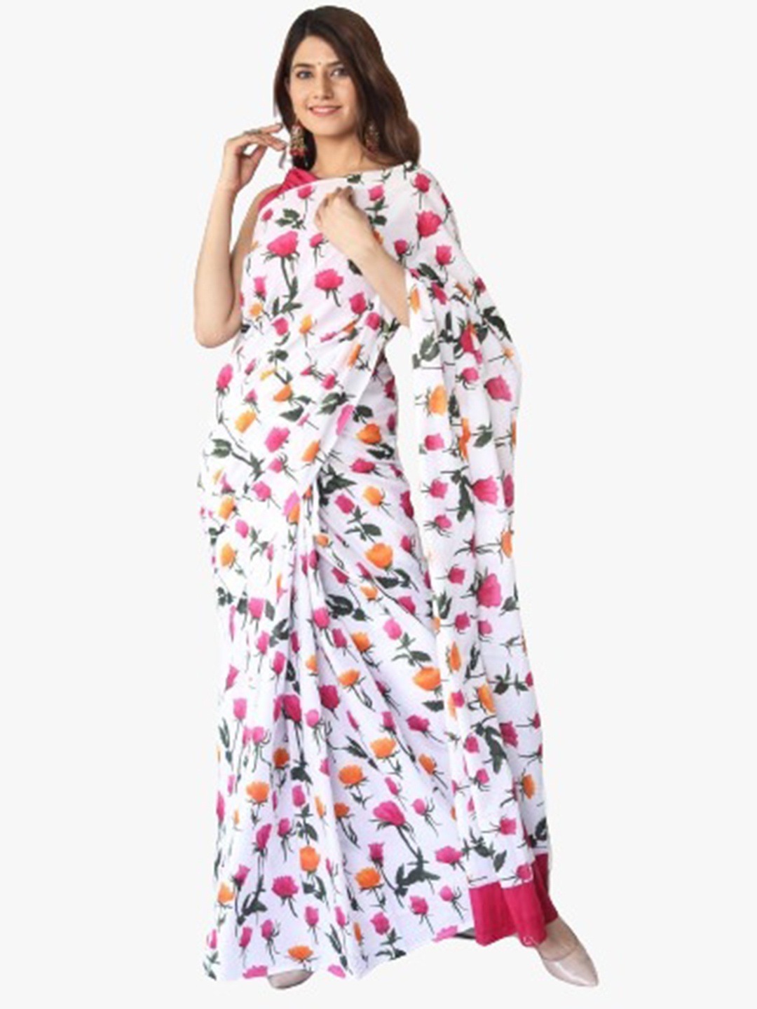 

JALTHER Floral Pure Cotton Block Print Saree, White