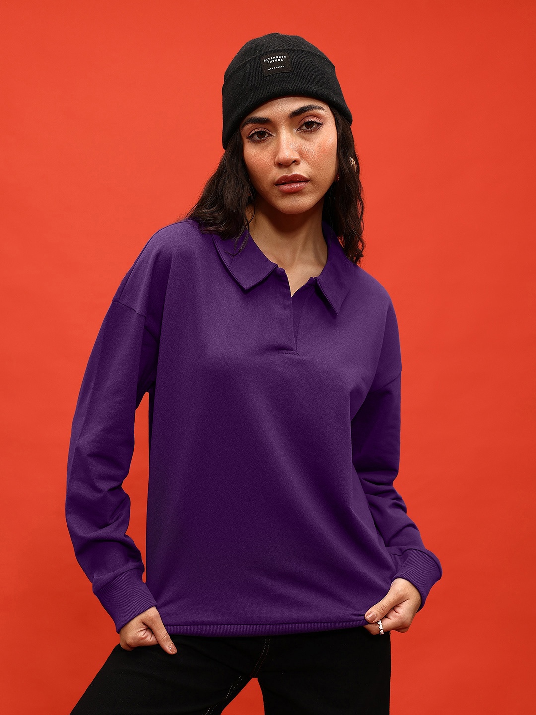 

glitchez Comfy Vibes Drop-Shoulder Sleeves Terry Sweatshirt, Purple