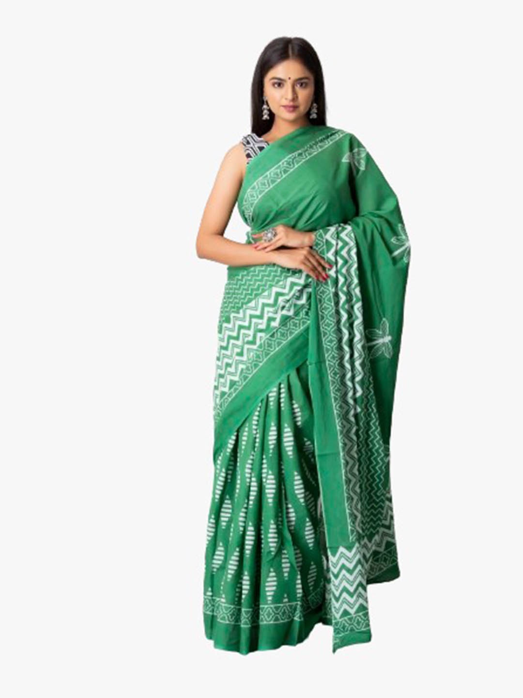 

TROPWEAR Ethnic Motifs Pure Cotton Block Print Saree, Green