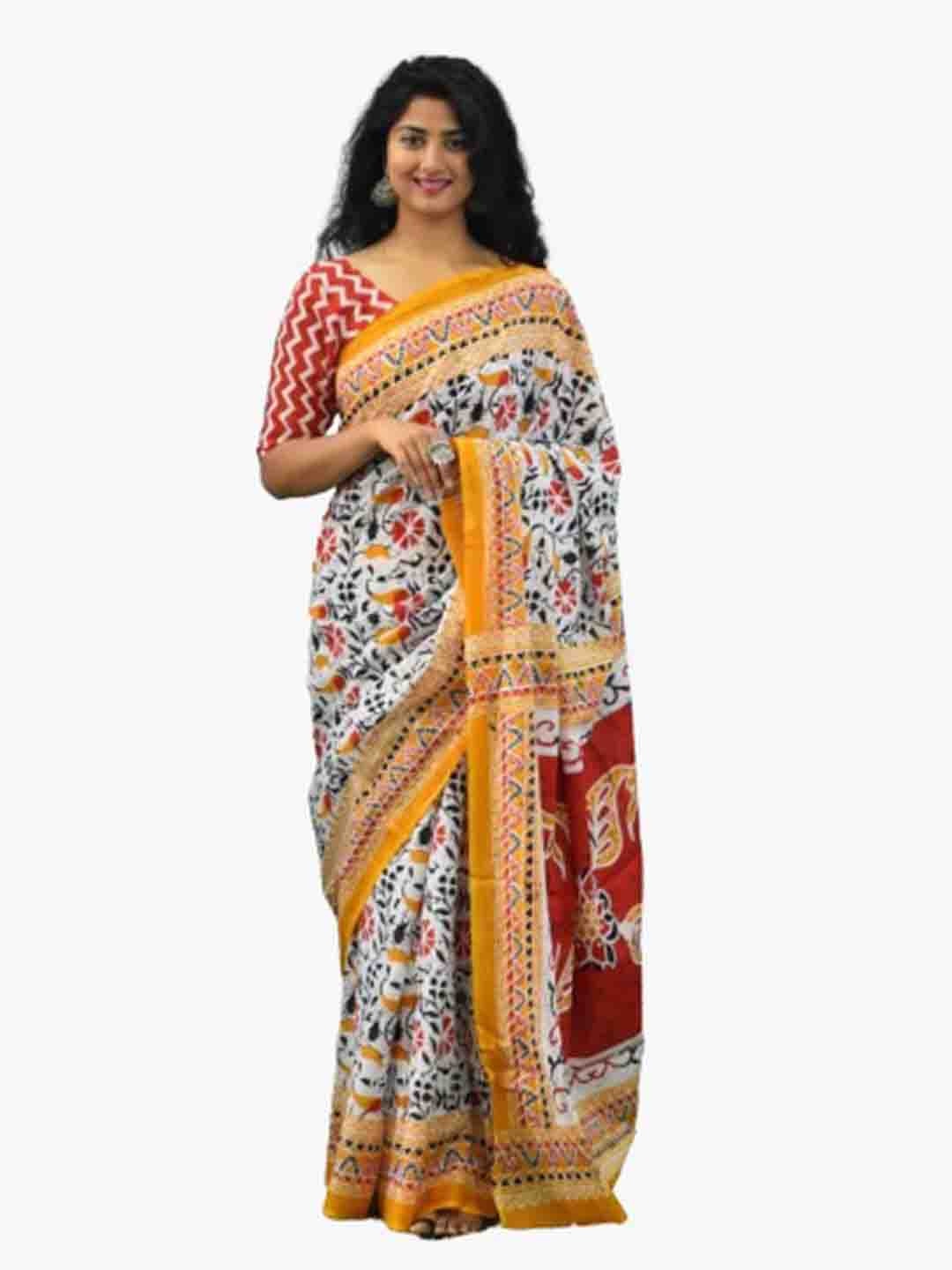 

clothonus Floral Block Print Pure Cotton Saree, Mustard