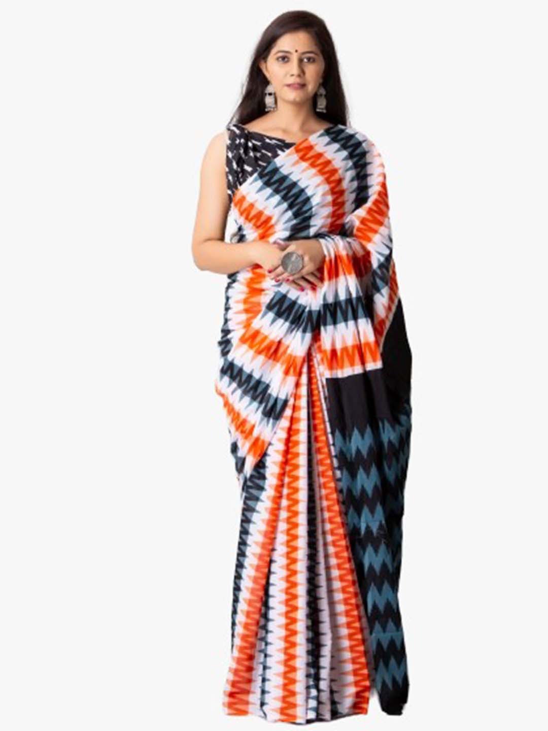 

clothonus Orange & White Pure Cotton Block Print Saree