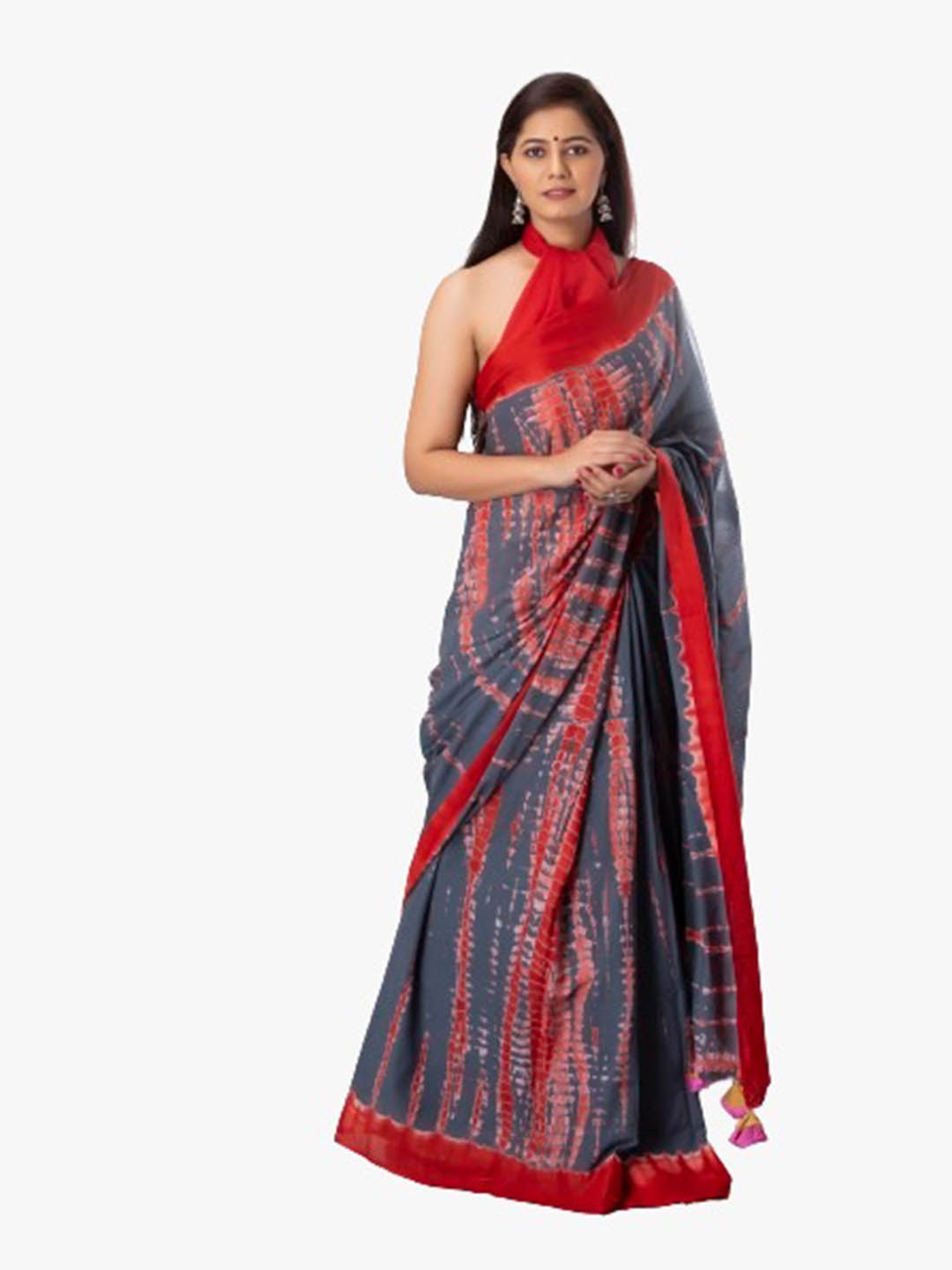 

TROPWEAR Tie and Dye Block Print Pure Cotton Saree, Grey